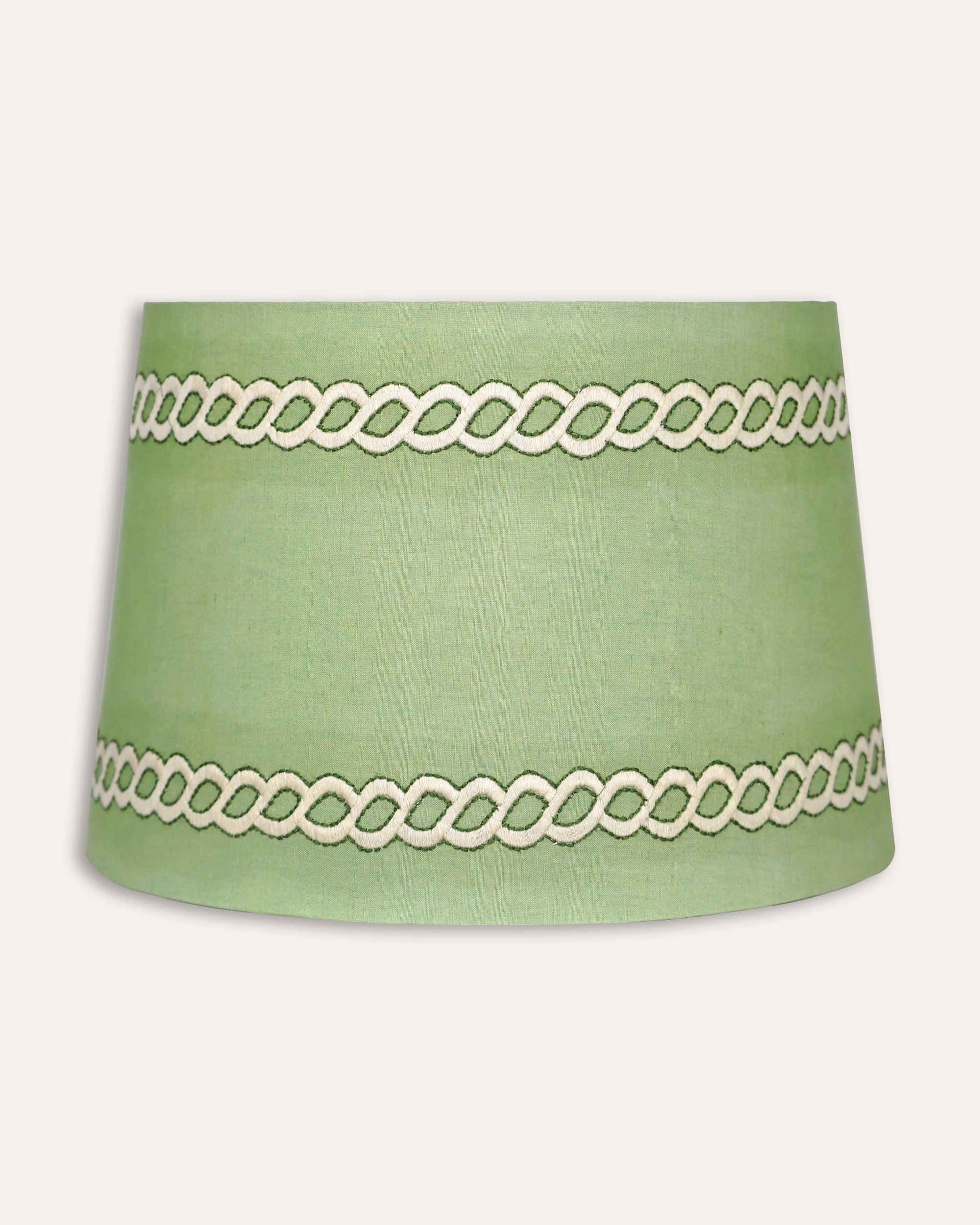 Green lampshade with decorative white trim on a white background