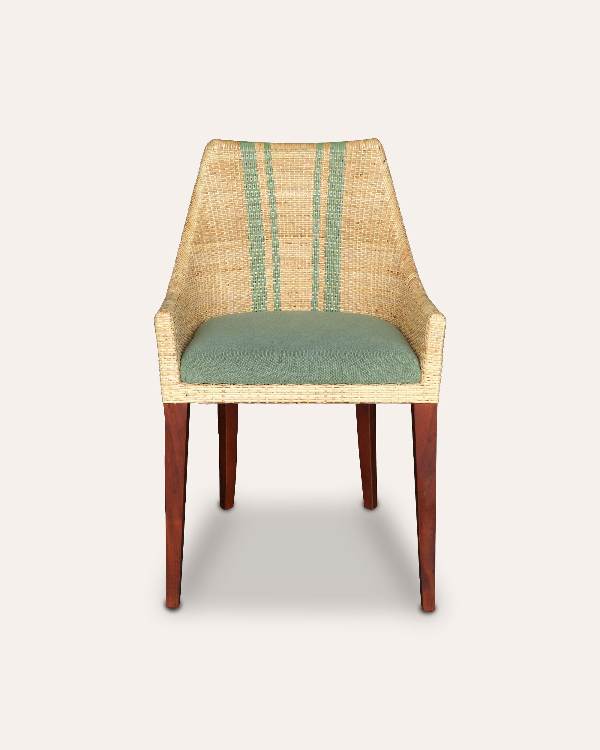 Chair with woven backrest and green cushion on a white background