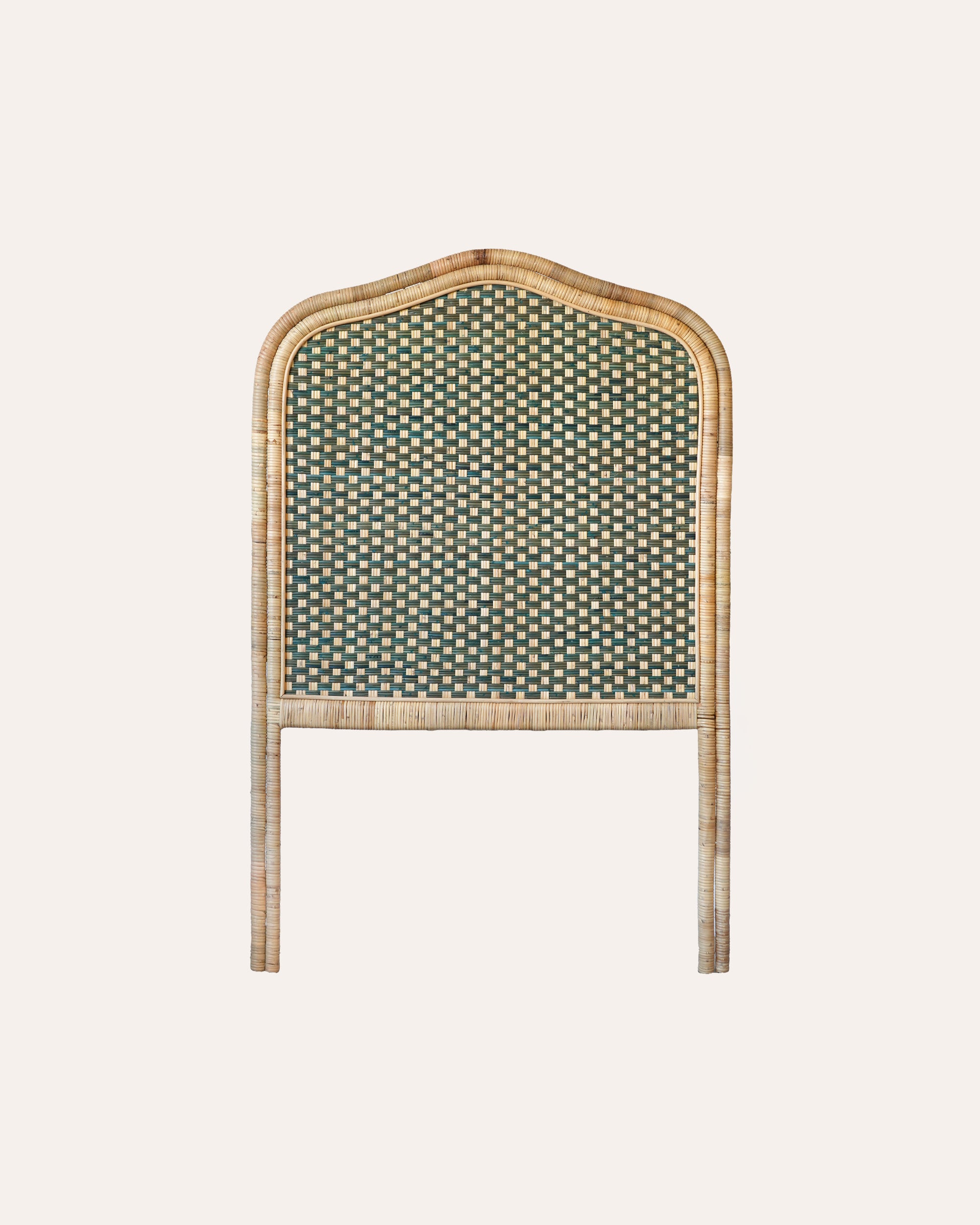 Single green rattan headboard product image on a taupe background