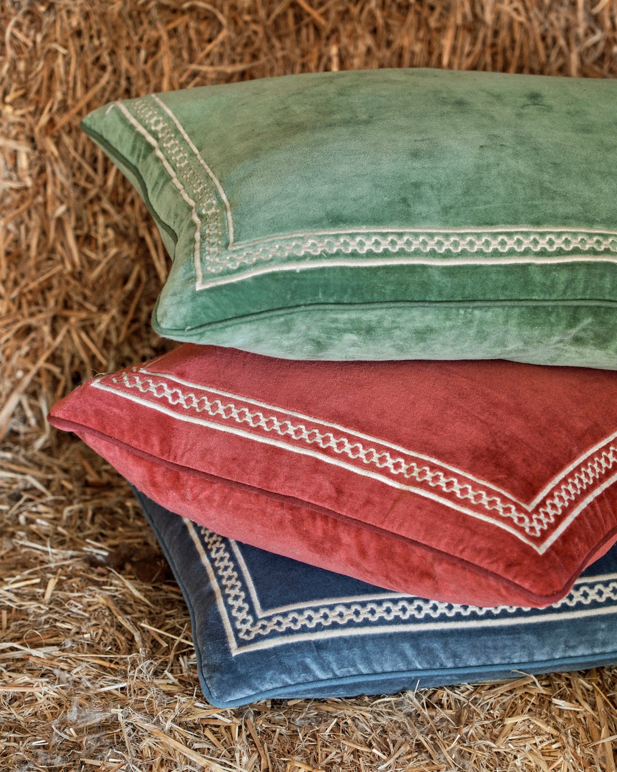 Shisho Embroidered Velvet Cushion - Forest Green