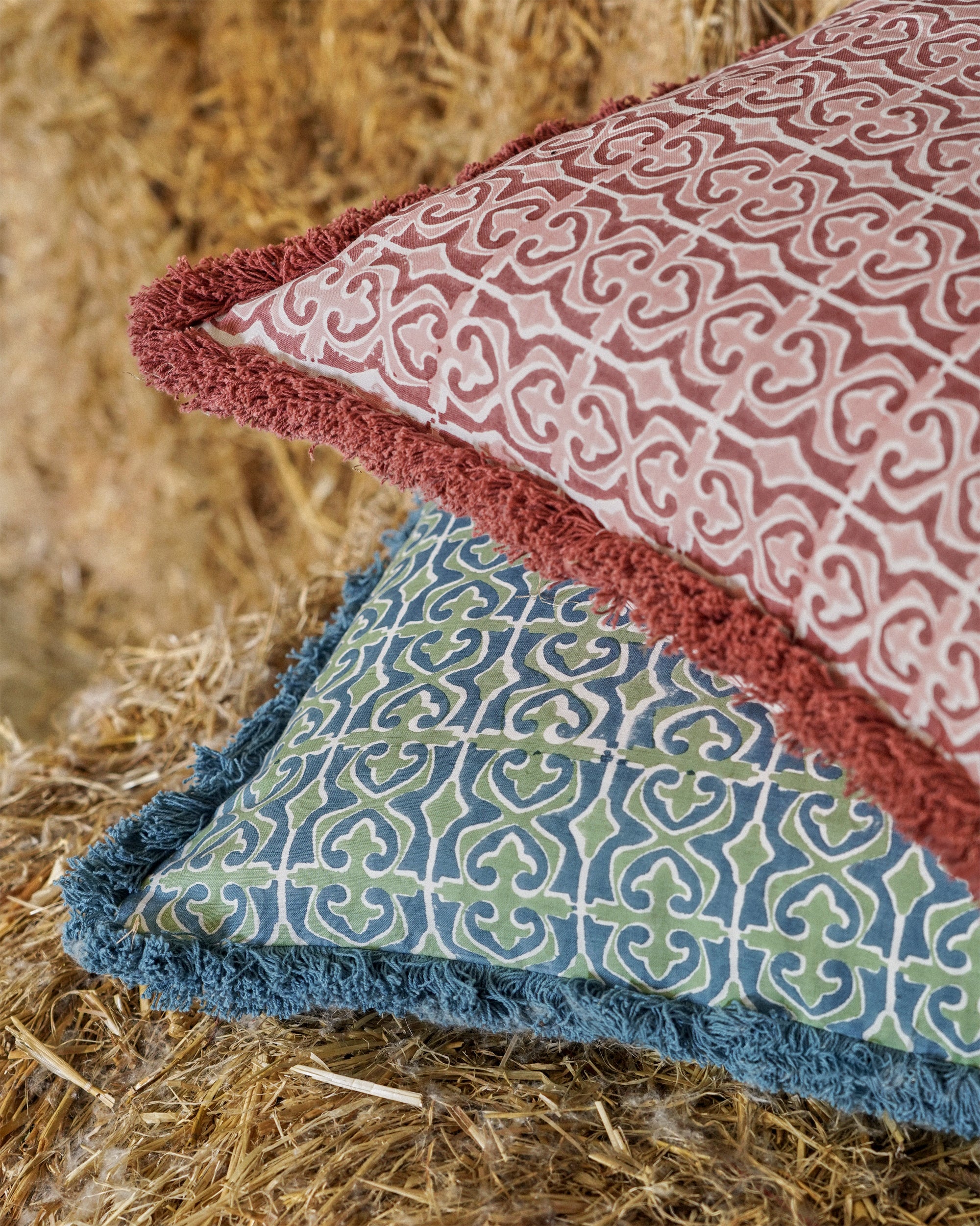 Santa Clara Block Print Fringe Cushion - Pink