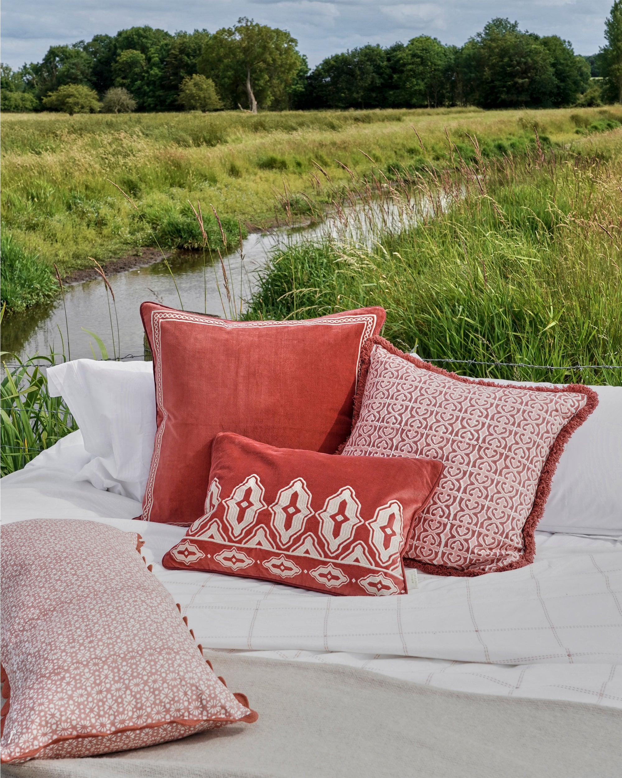 Red and patterned pillows on a bed with a natural landscape in the background