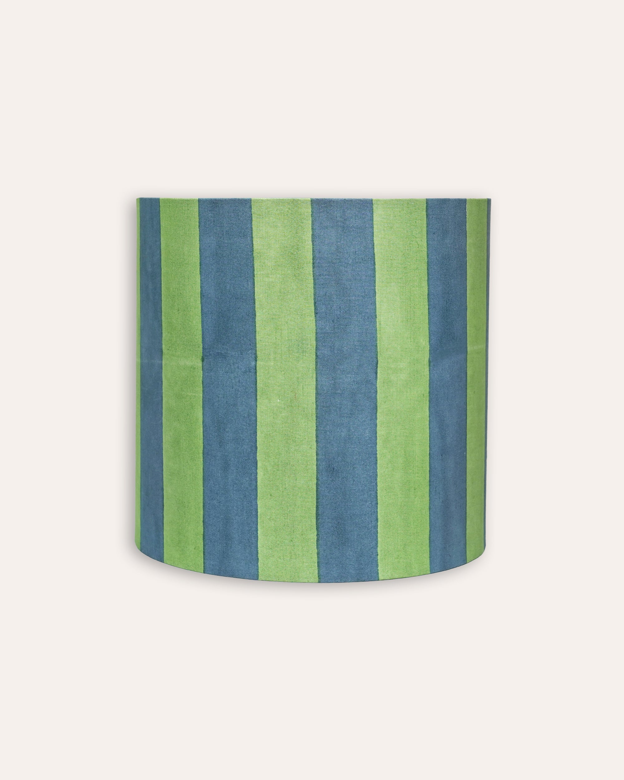 Blue and green striped drum lampshade product image on a taupe background