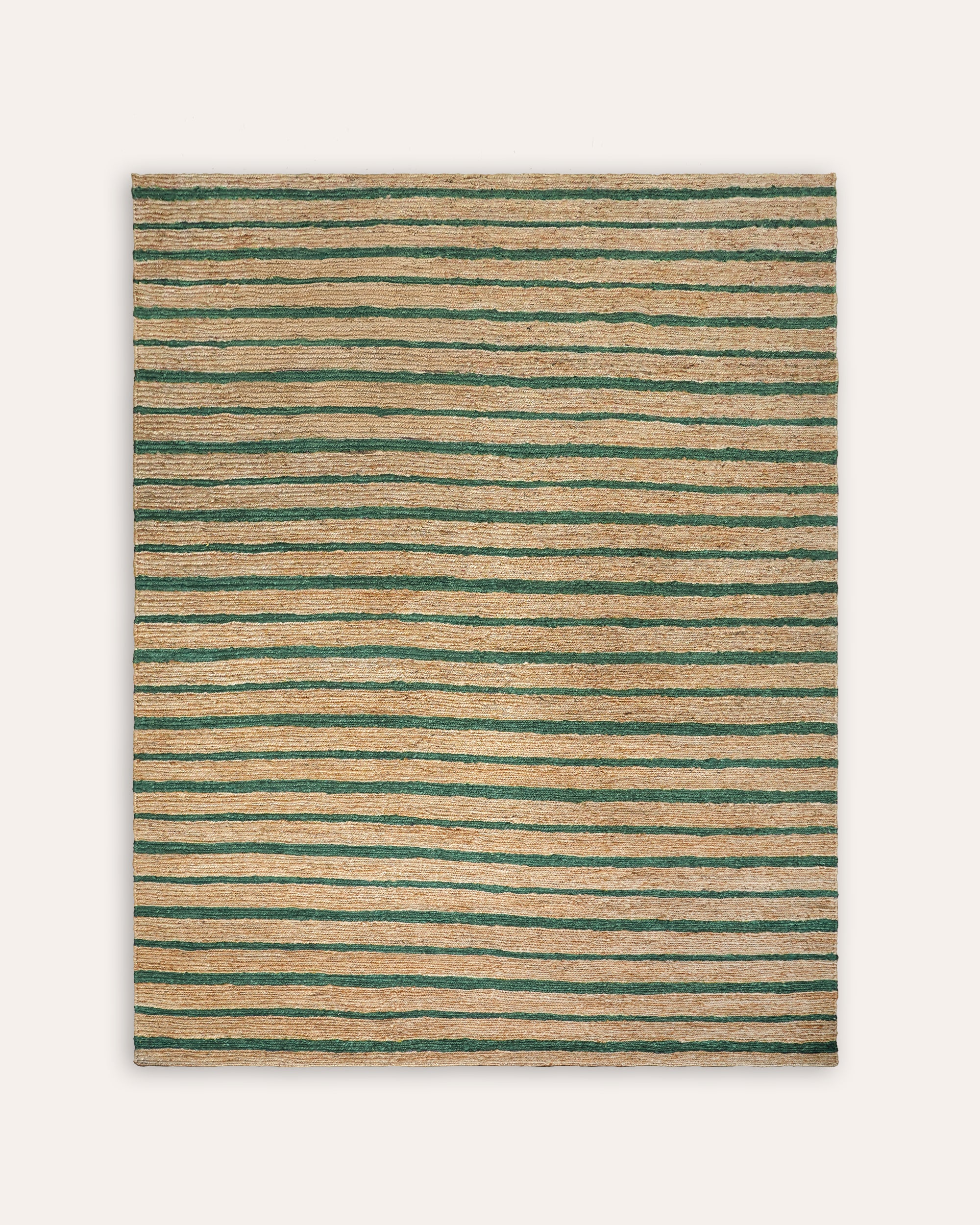 Striped rug with green and beige stripes on a white background