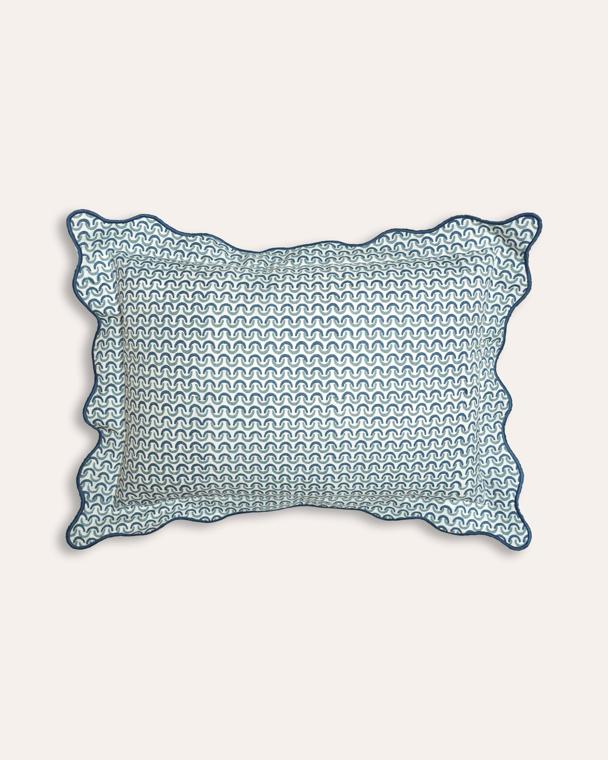 Blue Teja block print cushion with scalloped edging - Birdie Fortescue soft furnishings