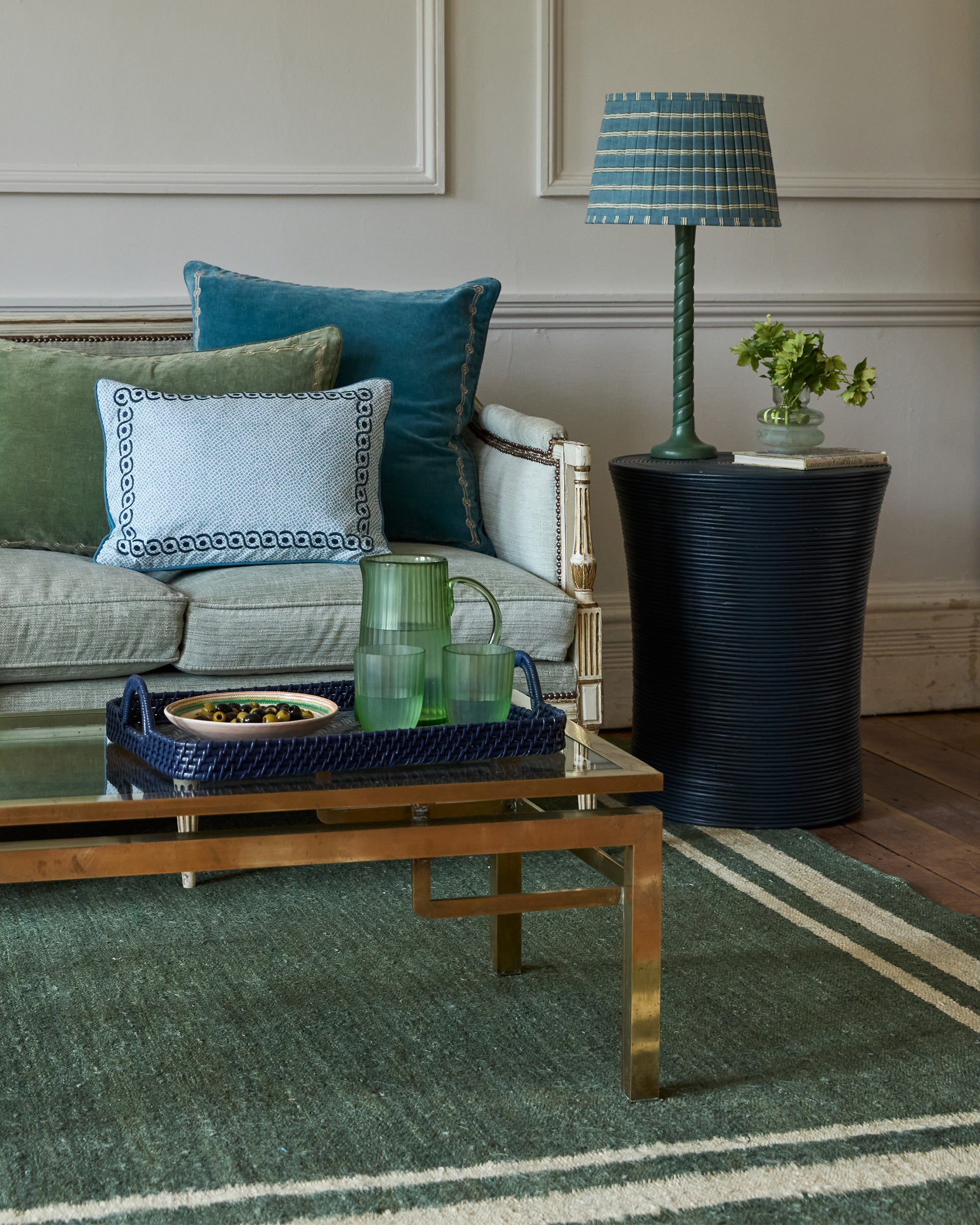 Edo Stripe Pleated Lampshade - Blue and Sage Green