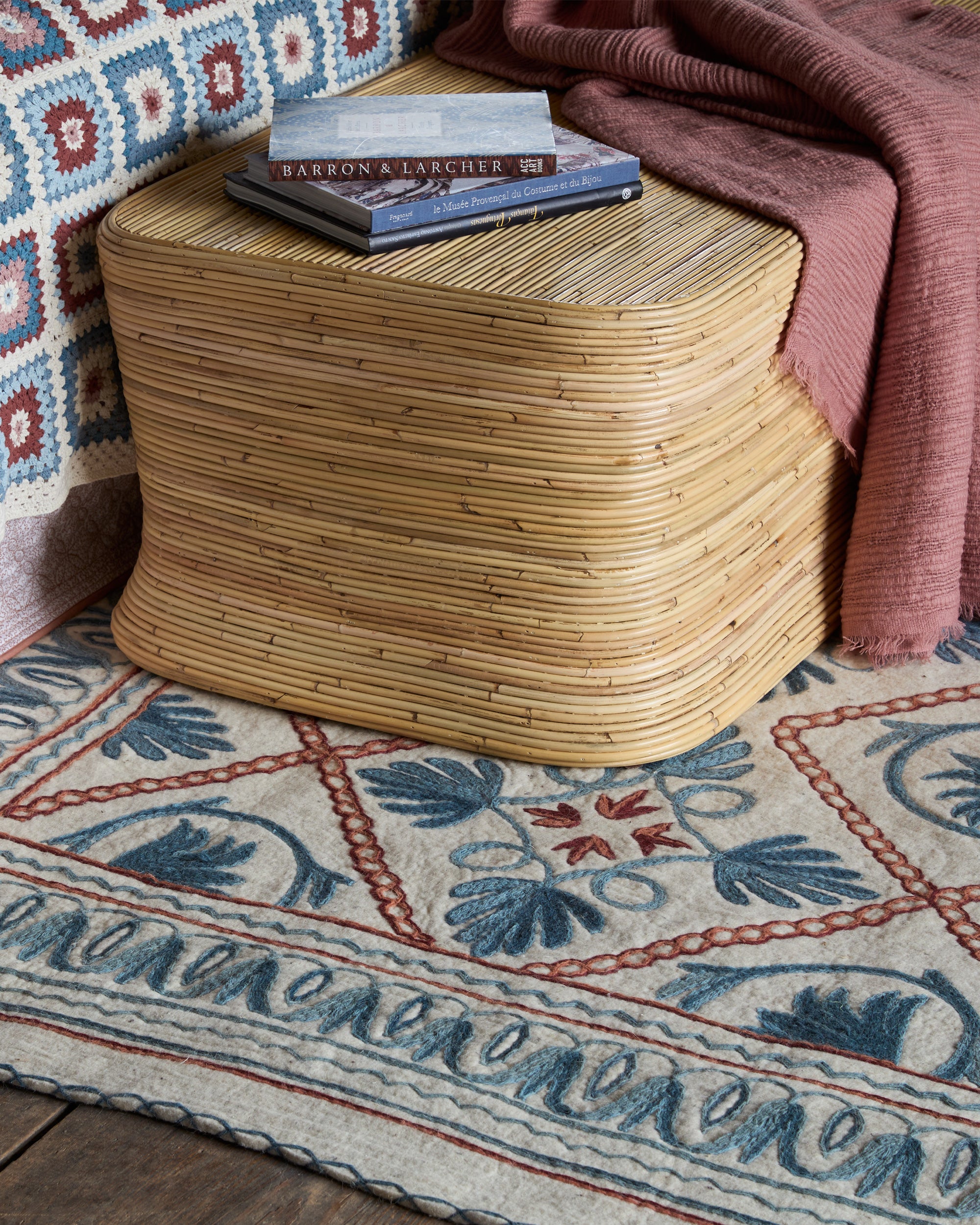 Namda Felt Embroidered Rug - Blue and Pink