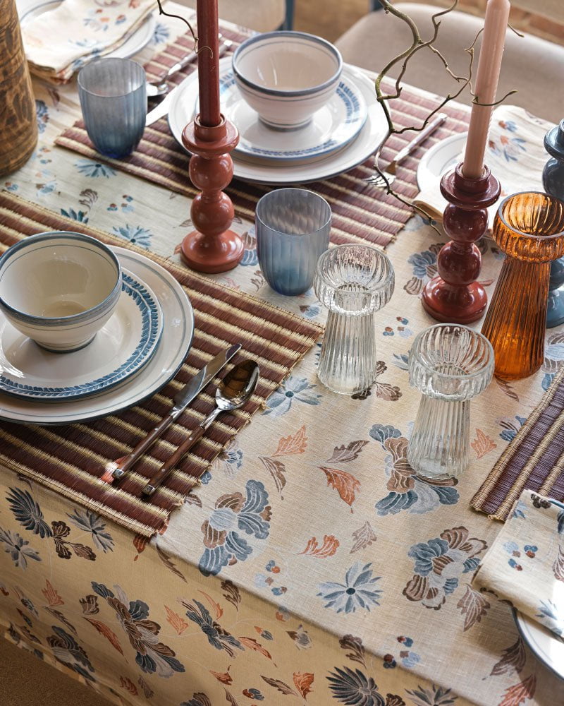 Peony Tablecloth - Blue & Rust Brown
