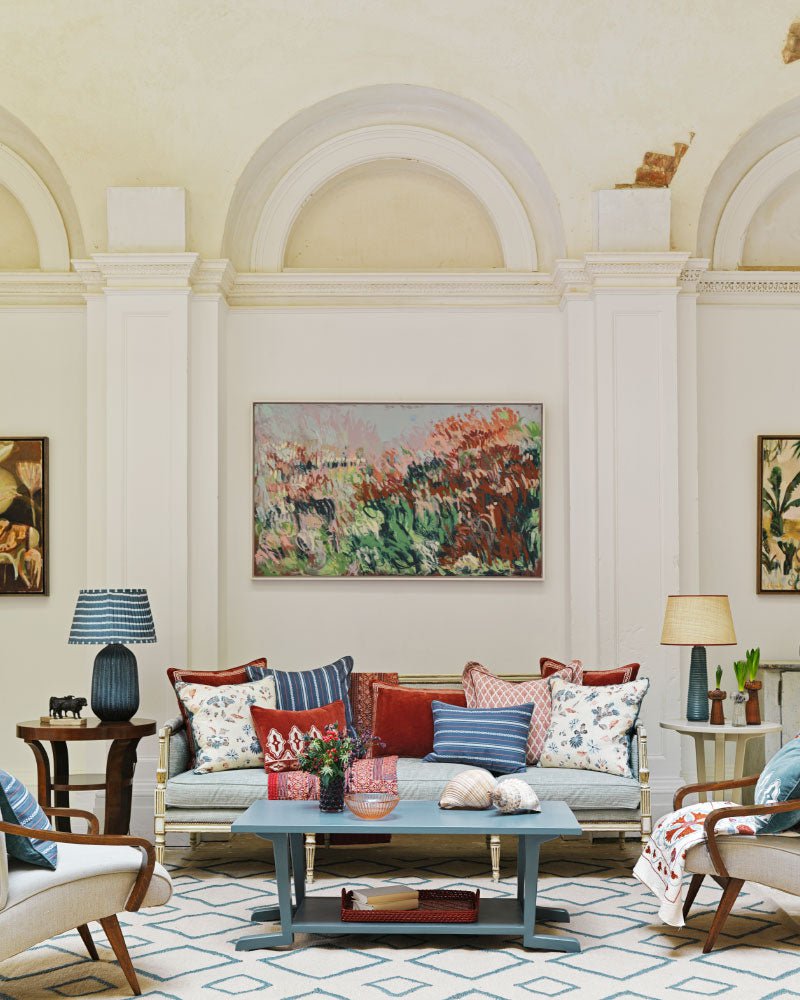 Peony Linen Square Cushion - Blue & Rust Brown