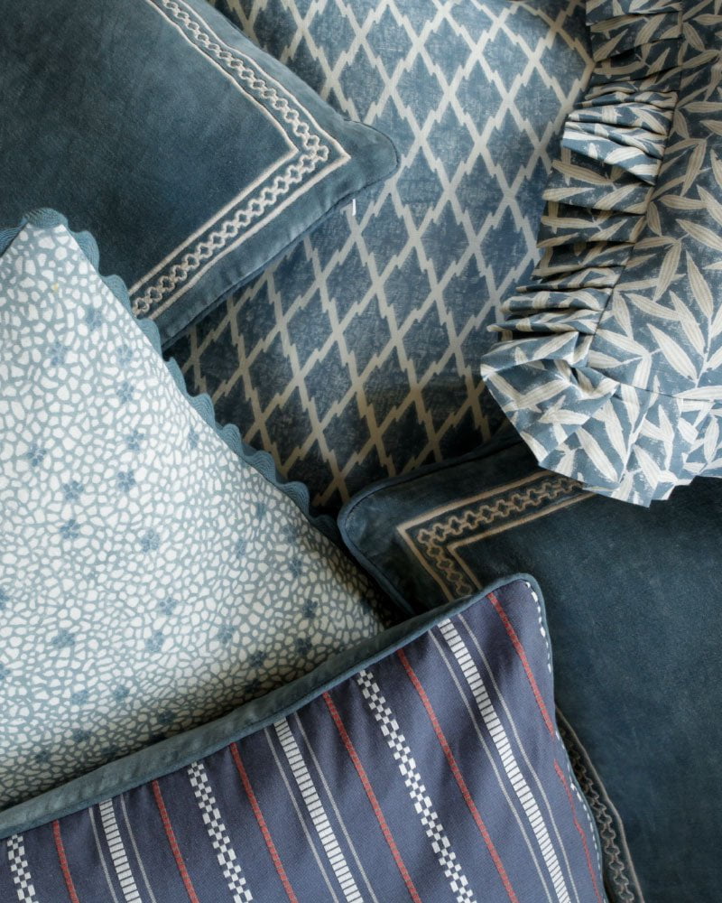 Shisho Square Embroidered Velvet Cushion - Indigo Blue