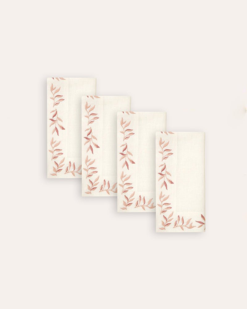 Foliage Embroidered Linen Napkin - Pink