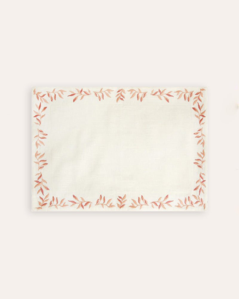 Foliage Embroidered Linen Placemat - Pink