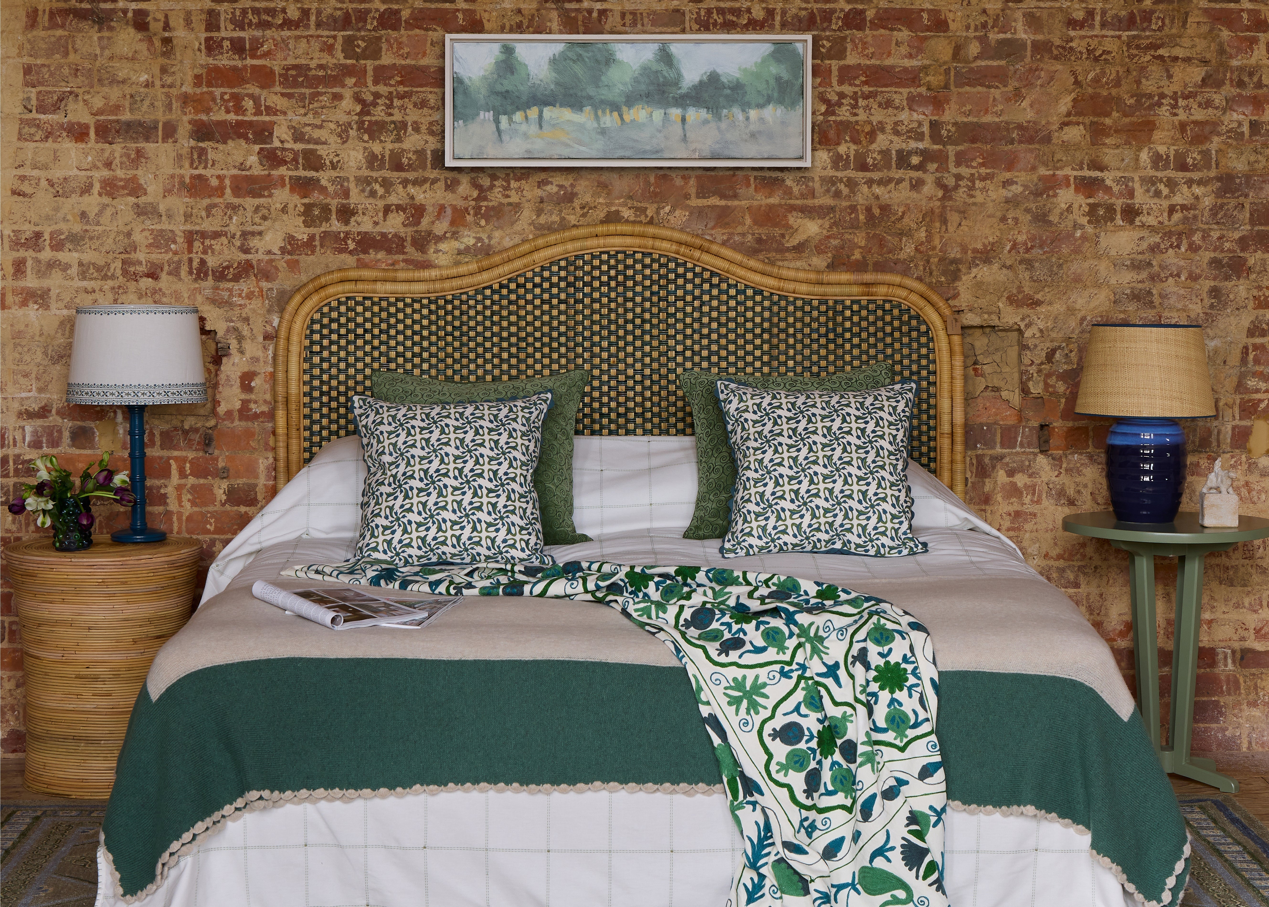 Blue and green Havana inspired bedroom, featuring geometric, floral and botanical patterns