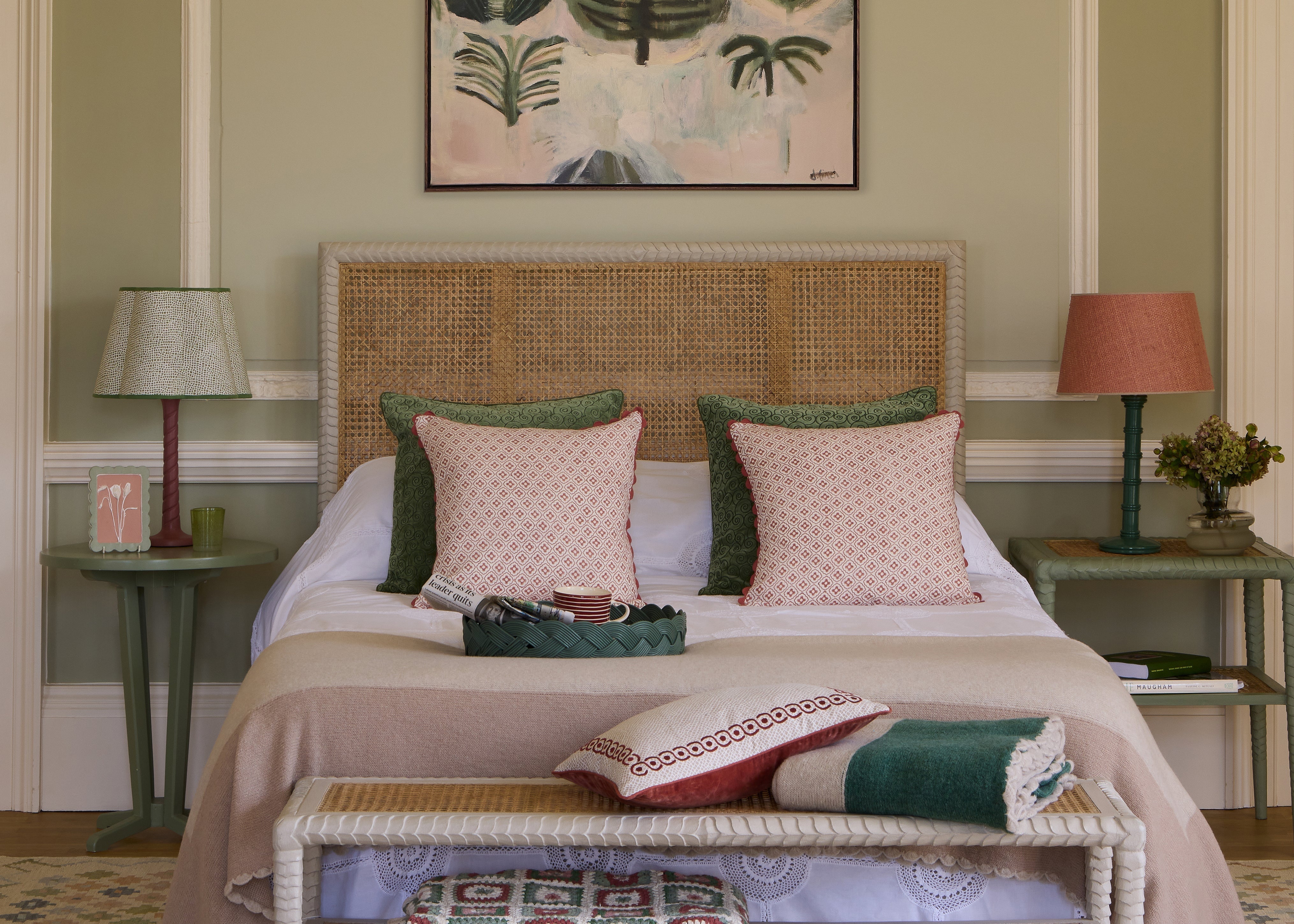 Pink and green bedroom lifestyle image - Birdie Fortescue Soft Furnishings