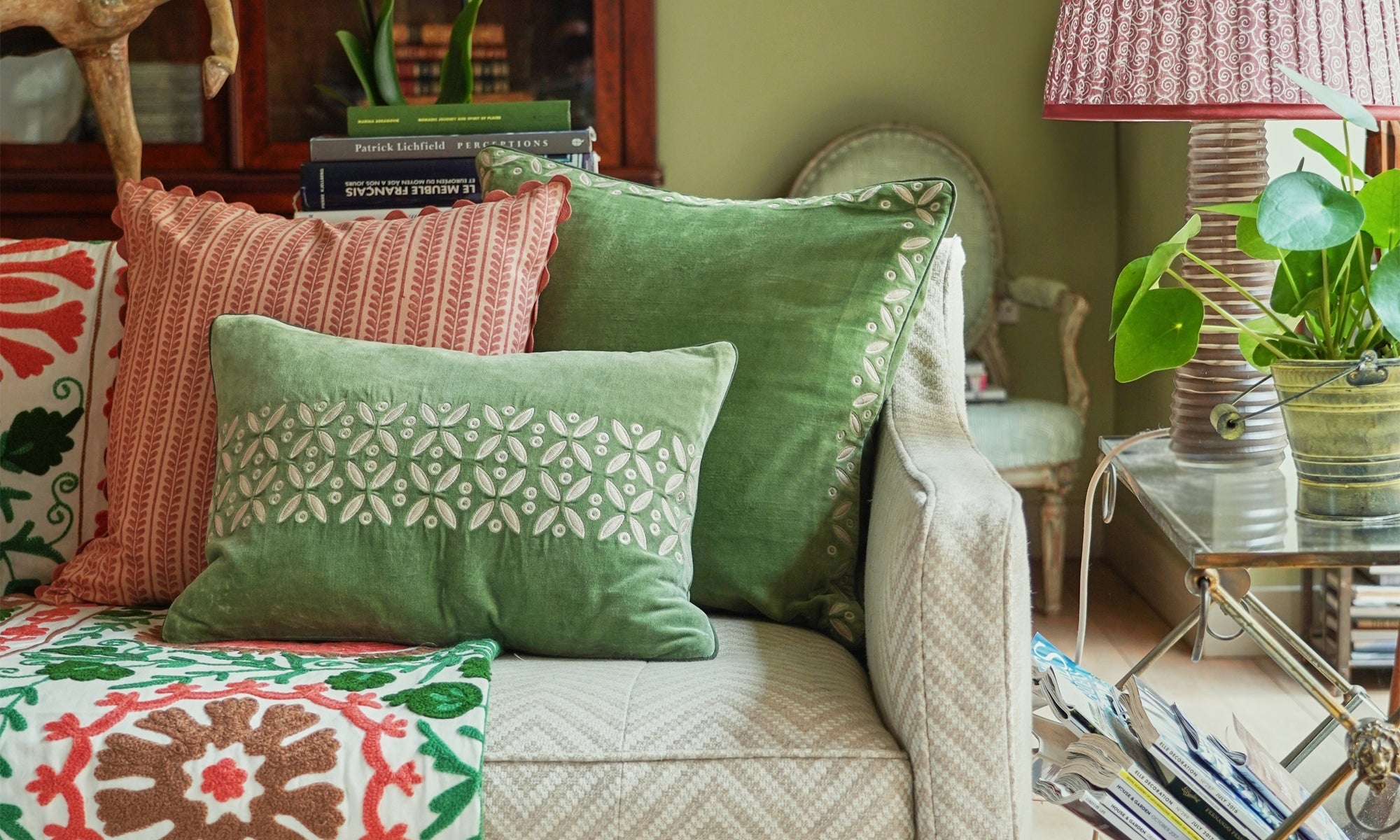 Pink and green patterned sitting room