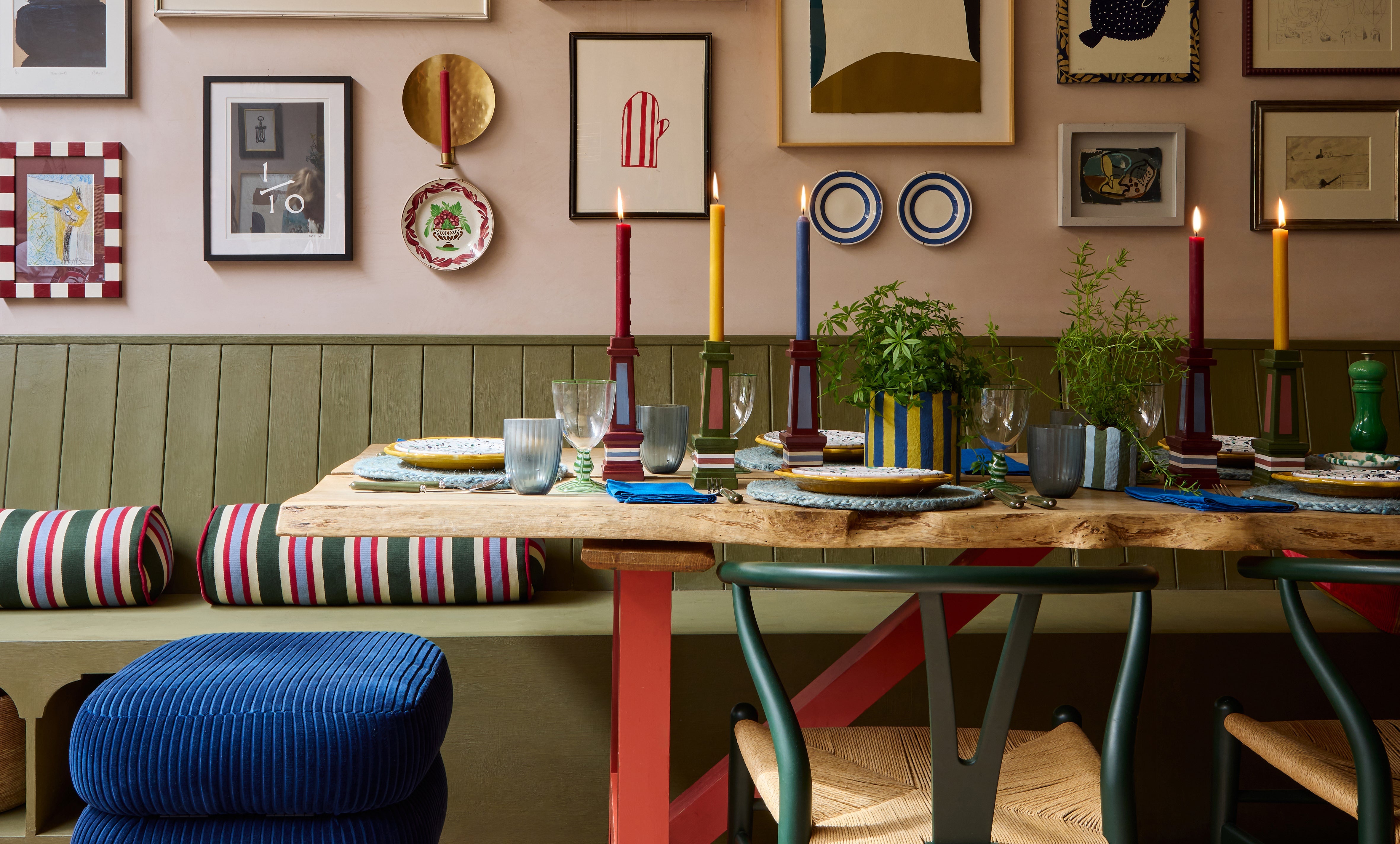 Blue, red and green kitchen dining table with grown Up candlesticks and new must have planters