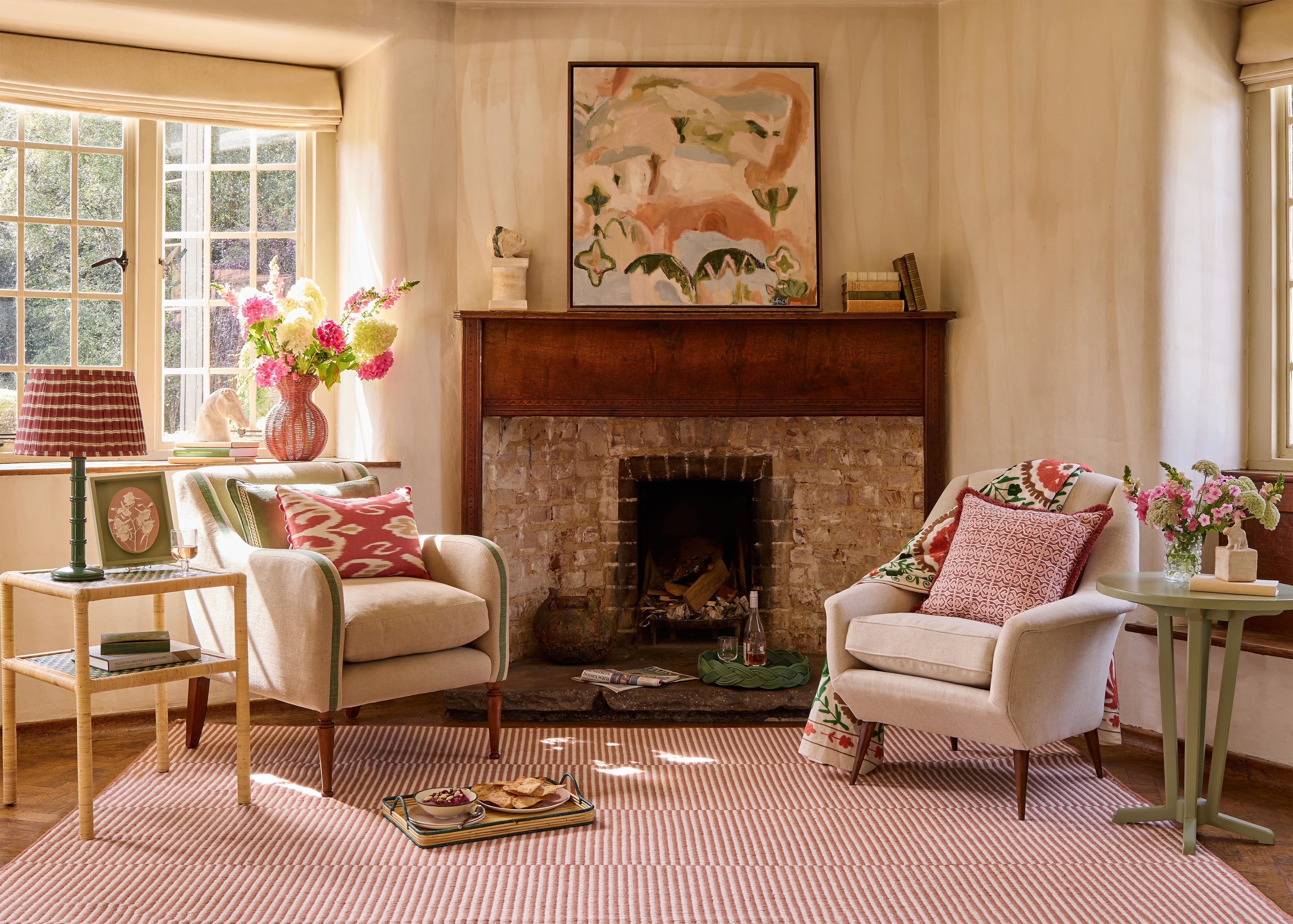 Birdie Fortescue spring summer antiques styled in pink and green sitting room