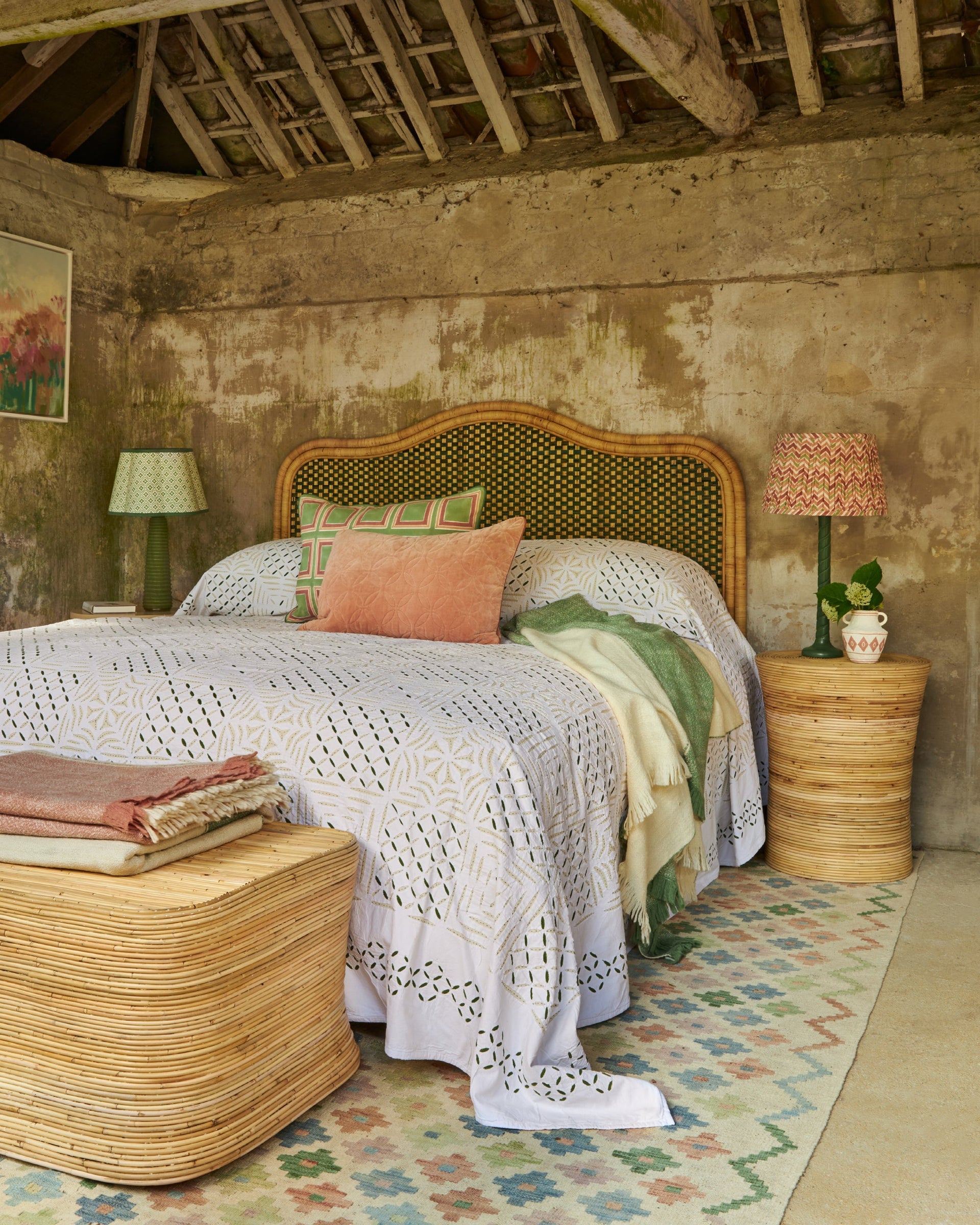 Super King Rattan Headboard Green Birdie Fortescue