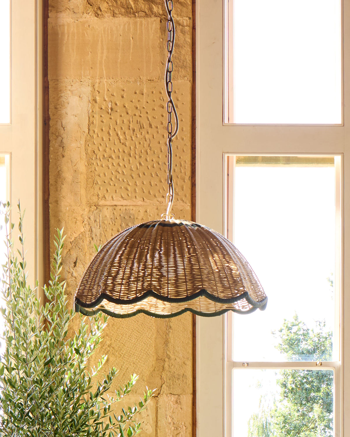 Rattan Scallop Hanging Light - Green & Natural