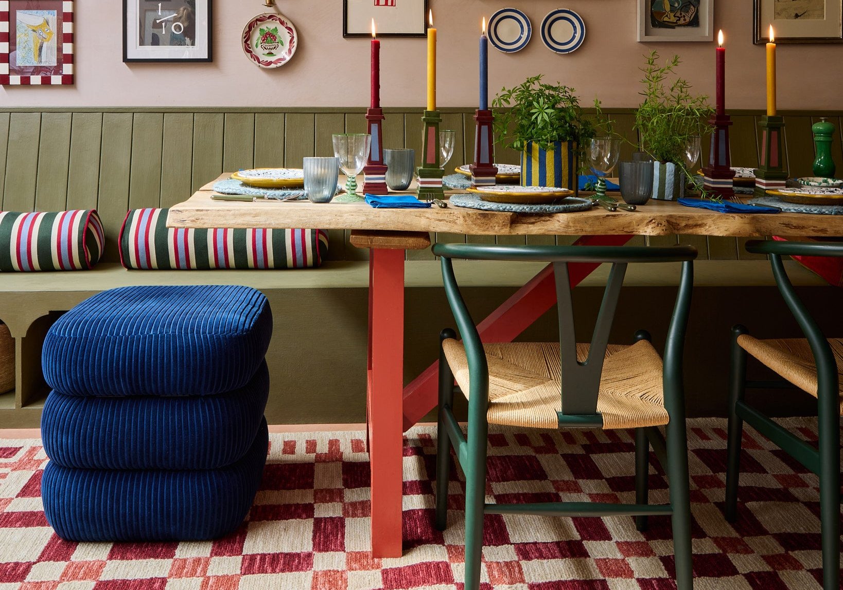 dining table with blue stool and red checked rug from Birdie Fortescue X Sarah Corbett-Winder collaboration