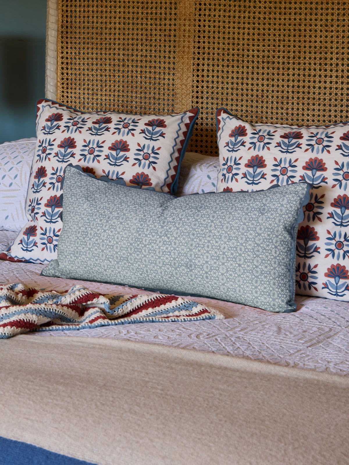 Margarita Block Printed Bolster Cushion Cover - Blue