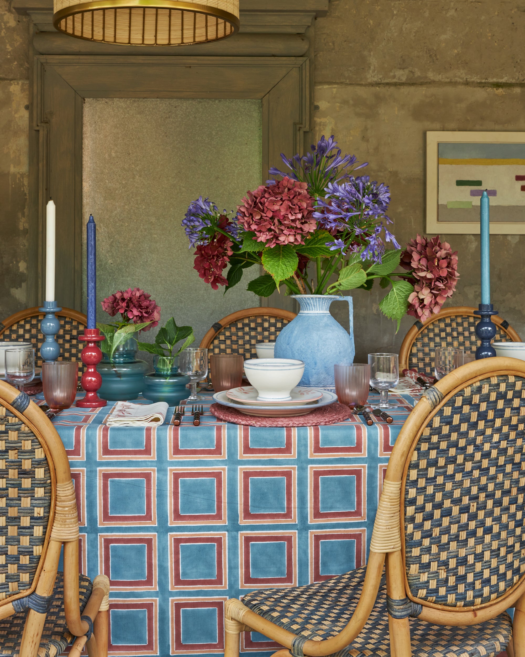 Santa Croce Tablecloth - Blue with Pink