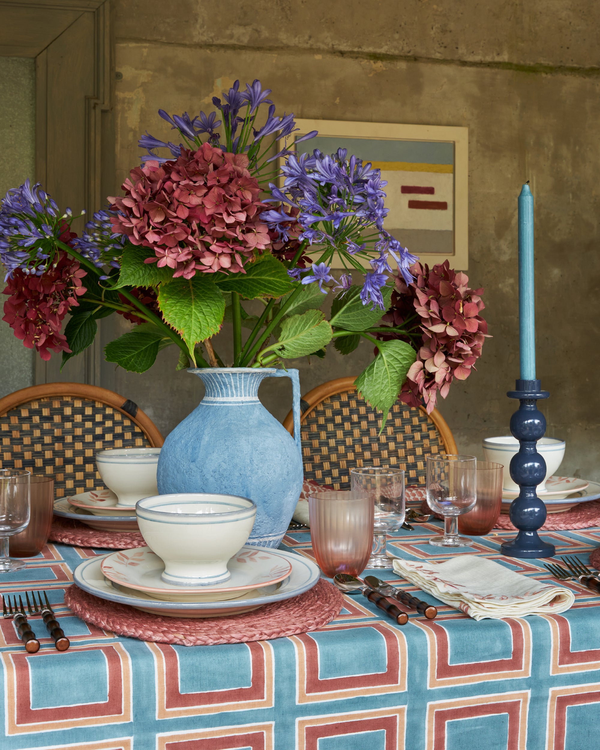 Santa Croce Tablecloth - Blue with Pink
