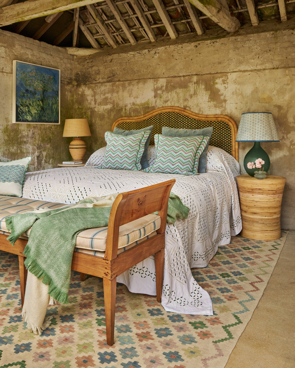 Super King Rattan Headboard Blue Birdie Fortescue