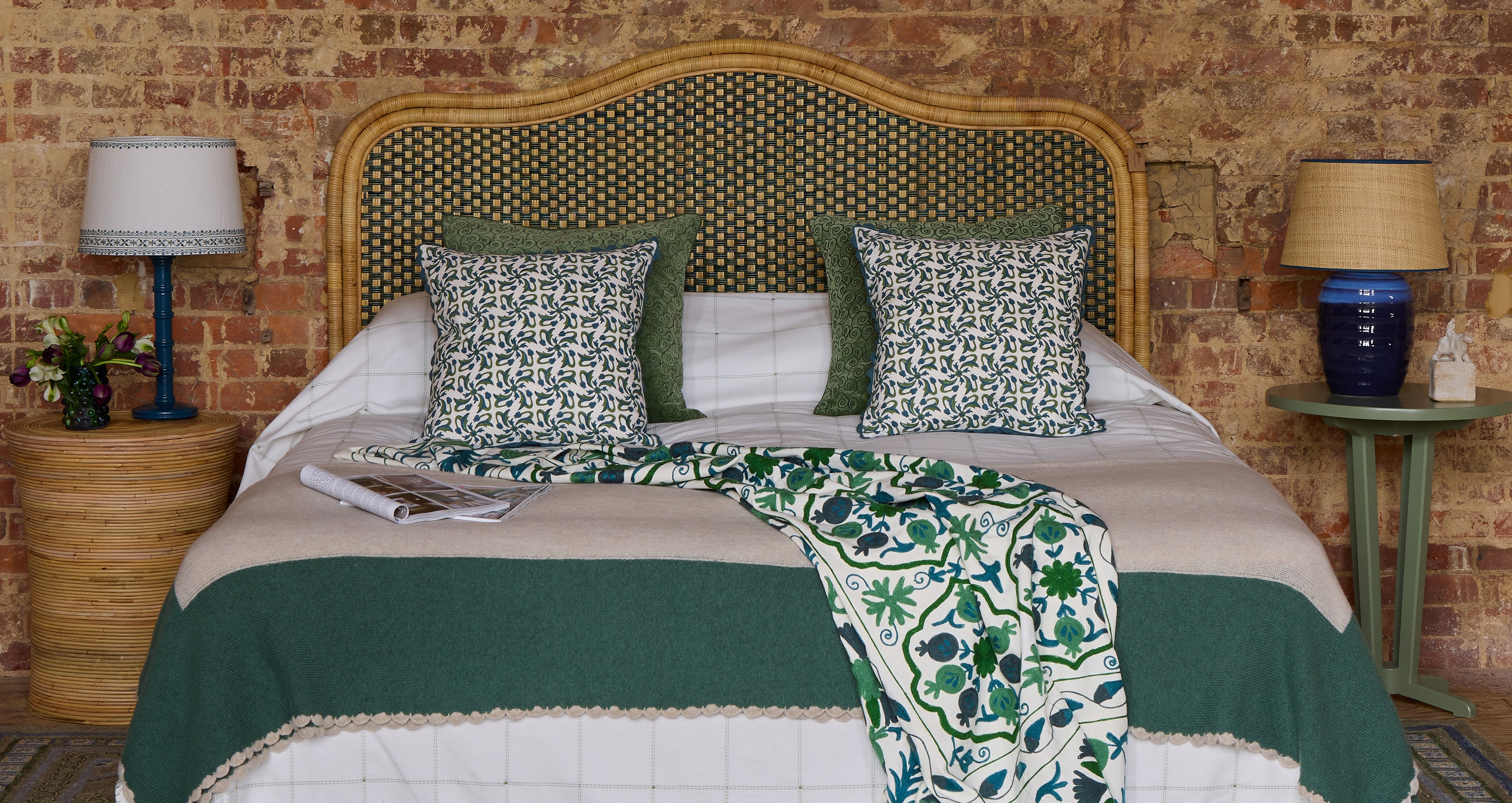 Blue and green patterned bedroom