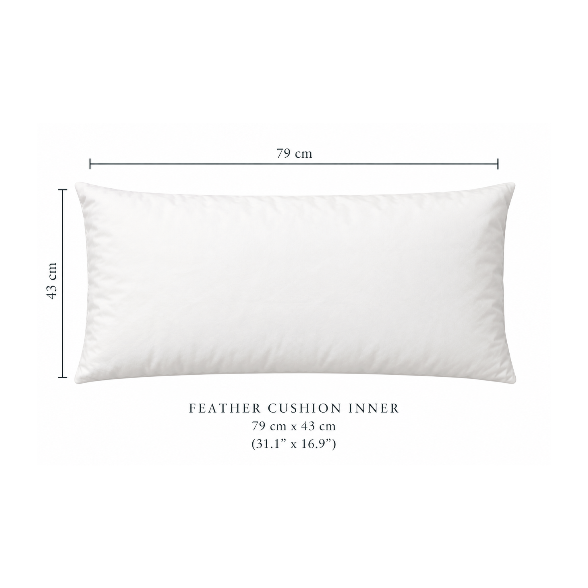 White rectangular feather cushion inner shown on a light gray background with dimension lines indicating 79 cm by 43 cm and text reading 'FEATHER CUSHION INNER 79 cm x 43 cm (31.1" x 16.