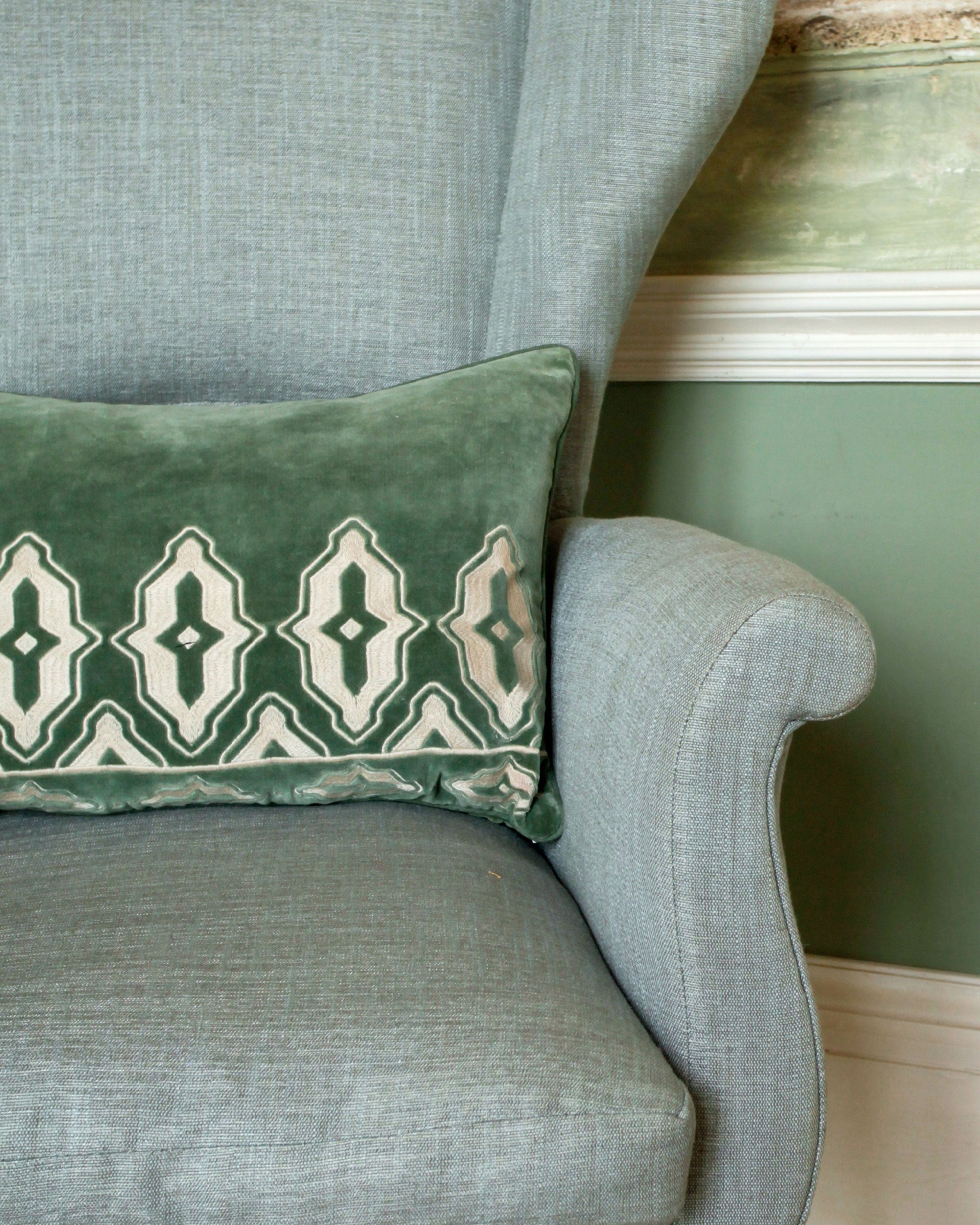 Tara Embroidered Velvet Cushion - Forest Green