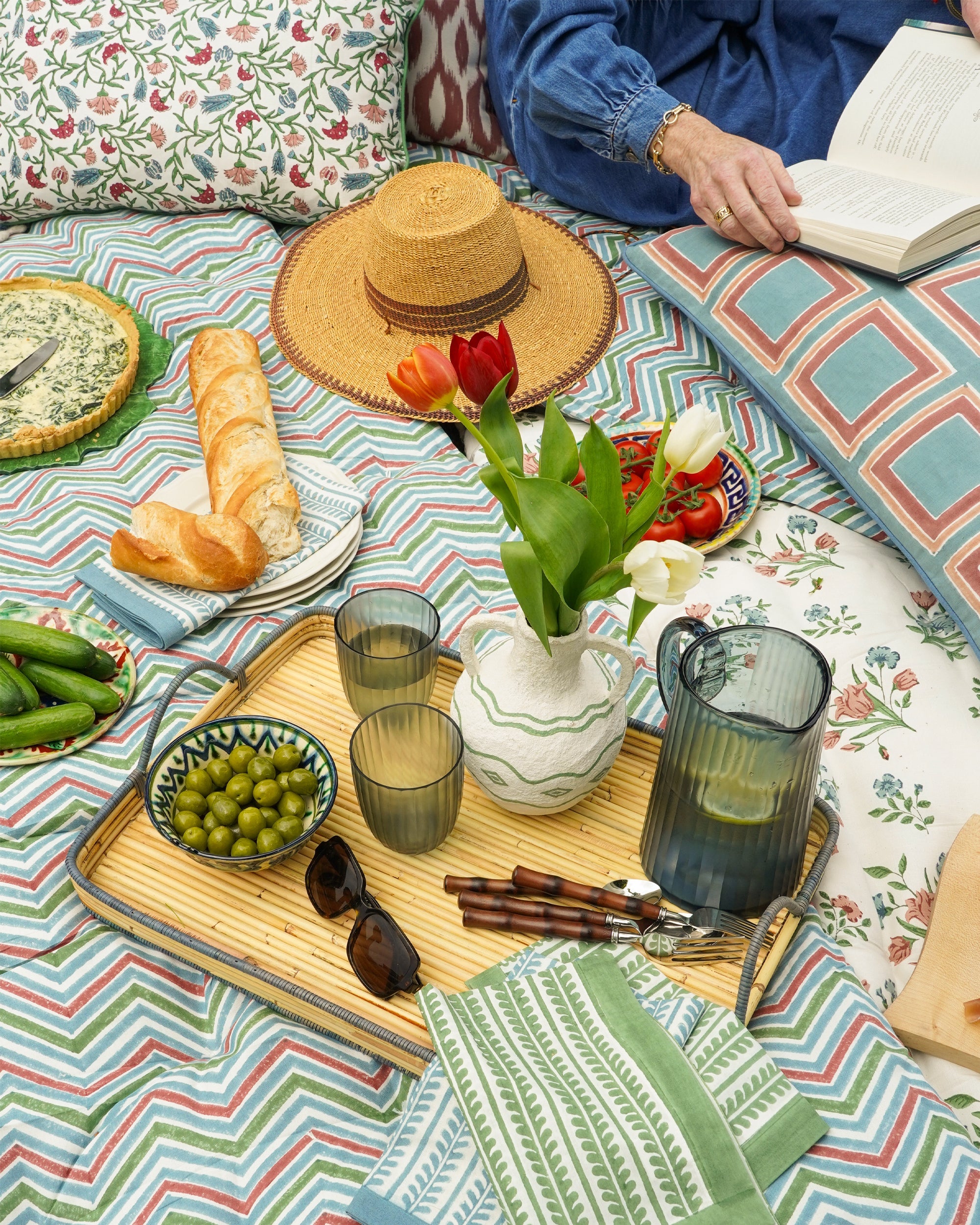 Handwoven Rattan Tray - Blue