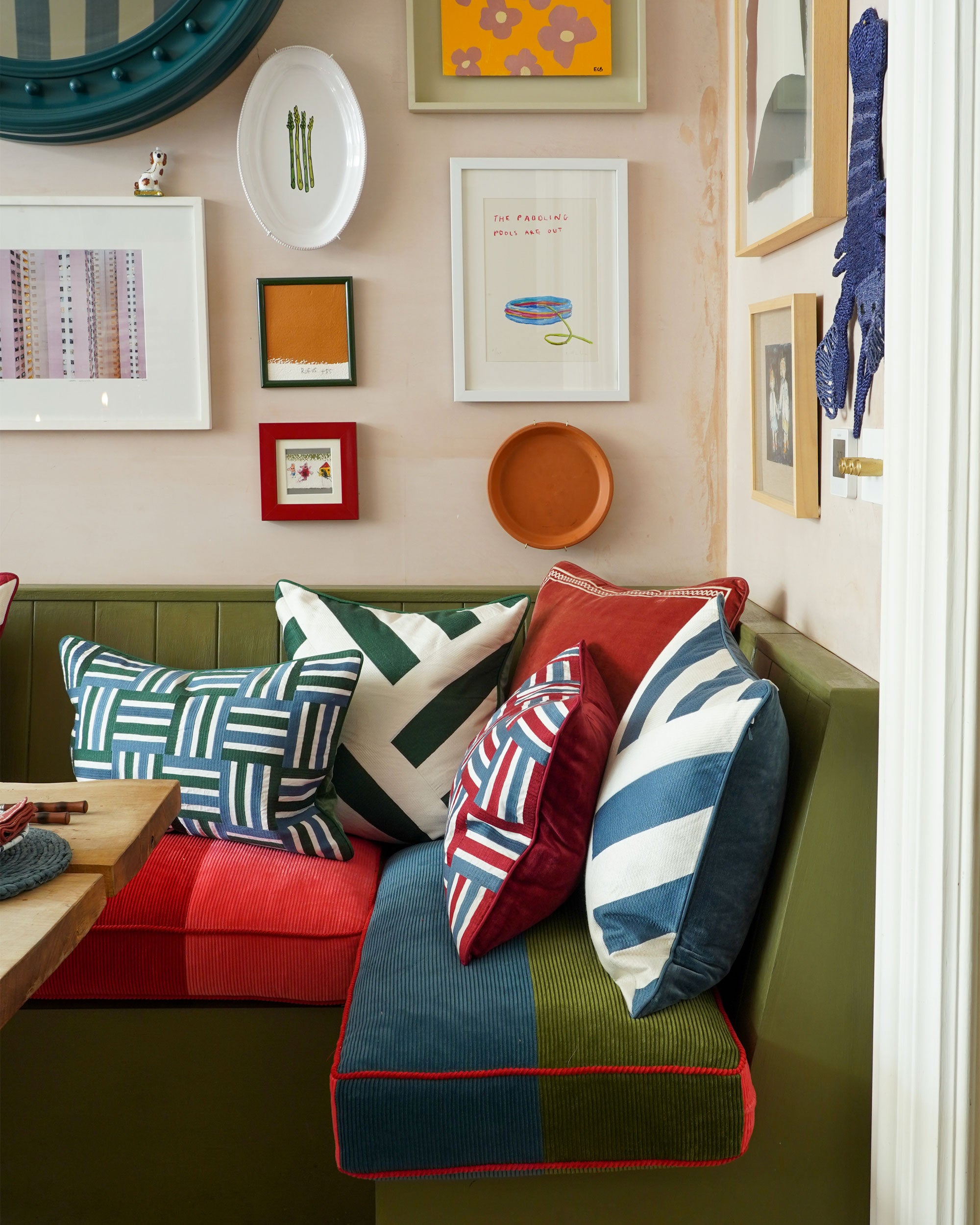 The Embroidered Stripey Cushion - The Blue and Red