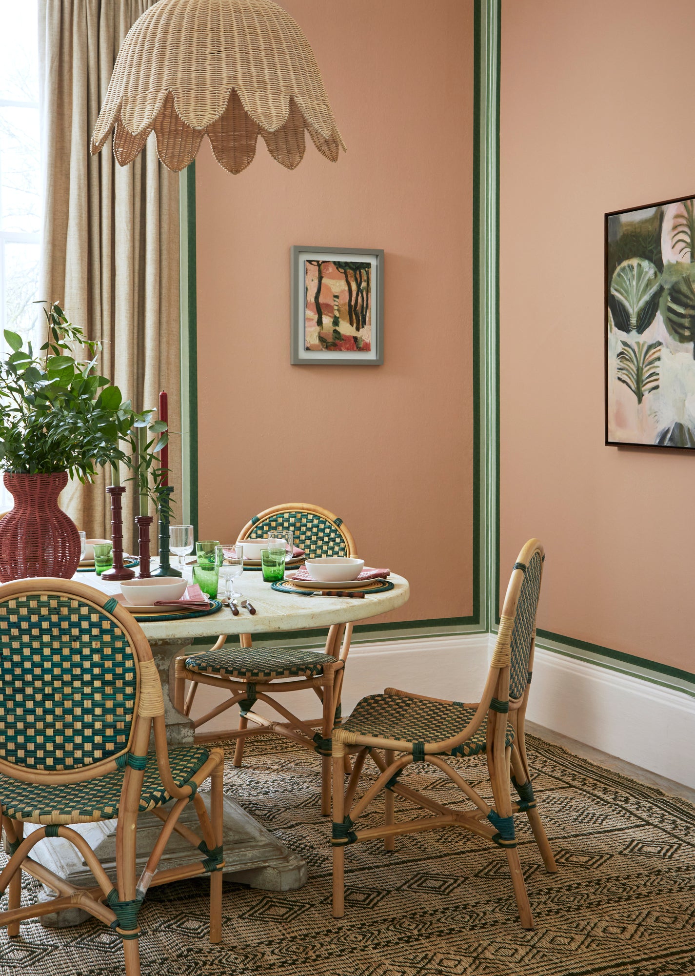 Green and pink themed dining room , featuring the Felipe green striped border