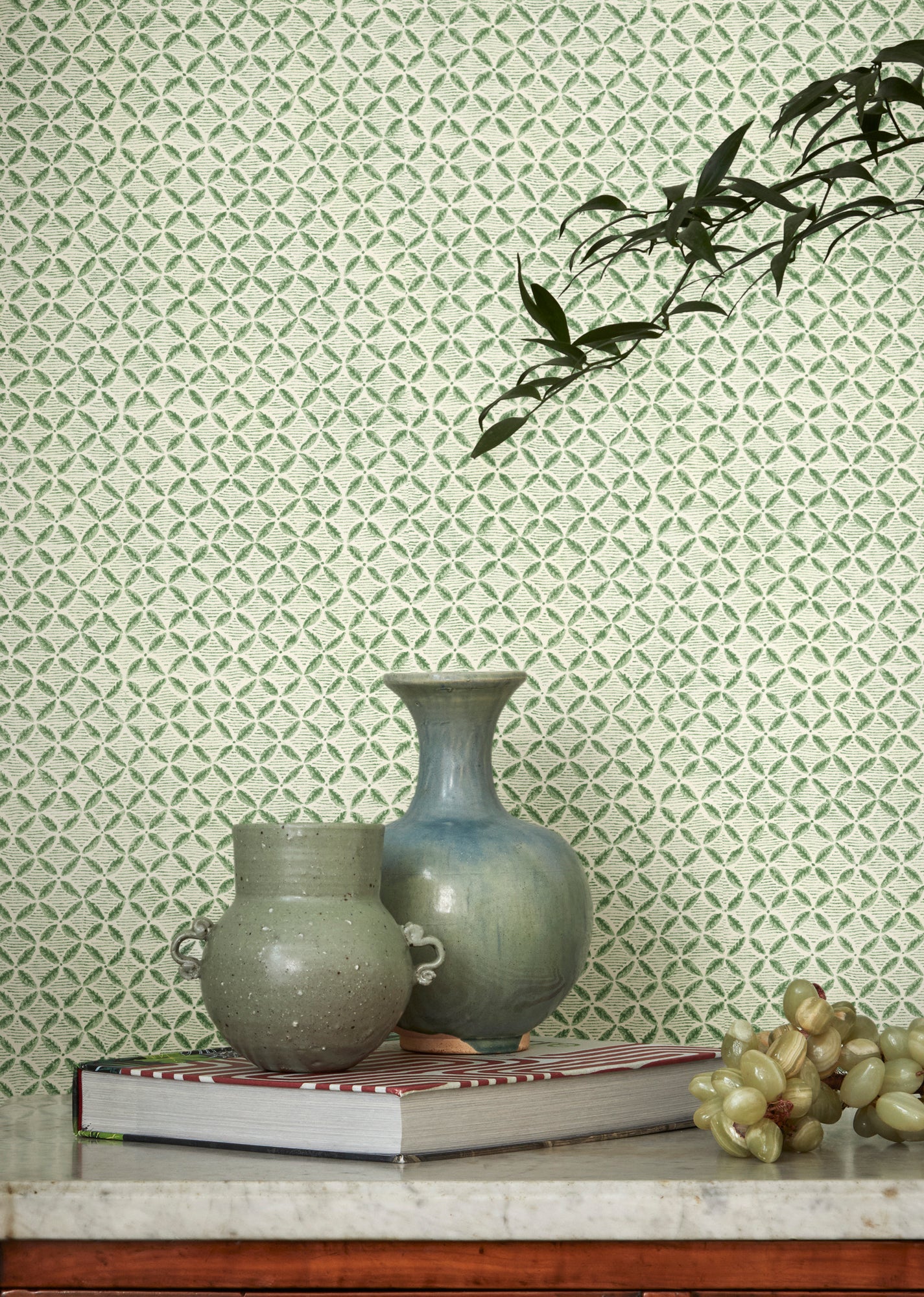 Close up detail image showing the Sintra green wallpaper