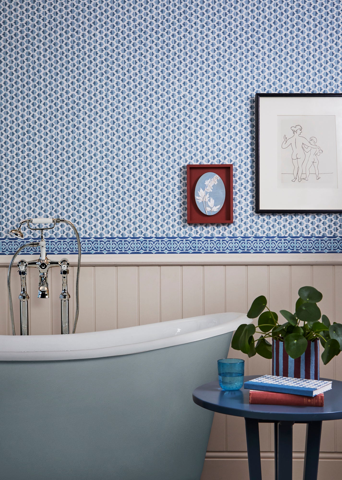 Blue Sintra geometric wallpaper lifestyle image in a blue themed bathroom