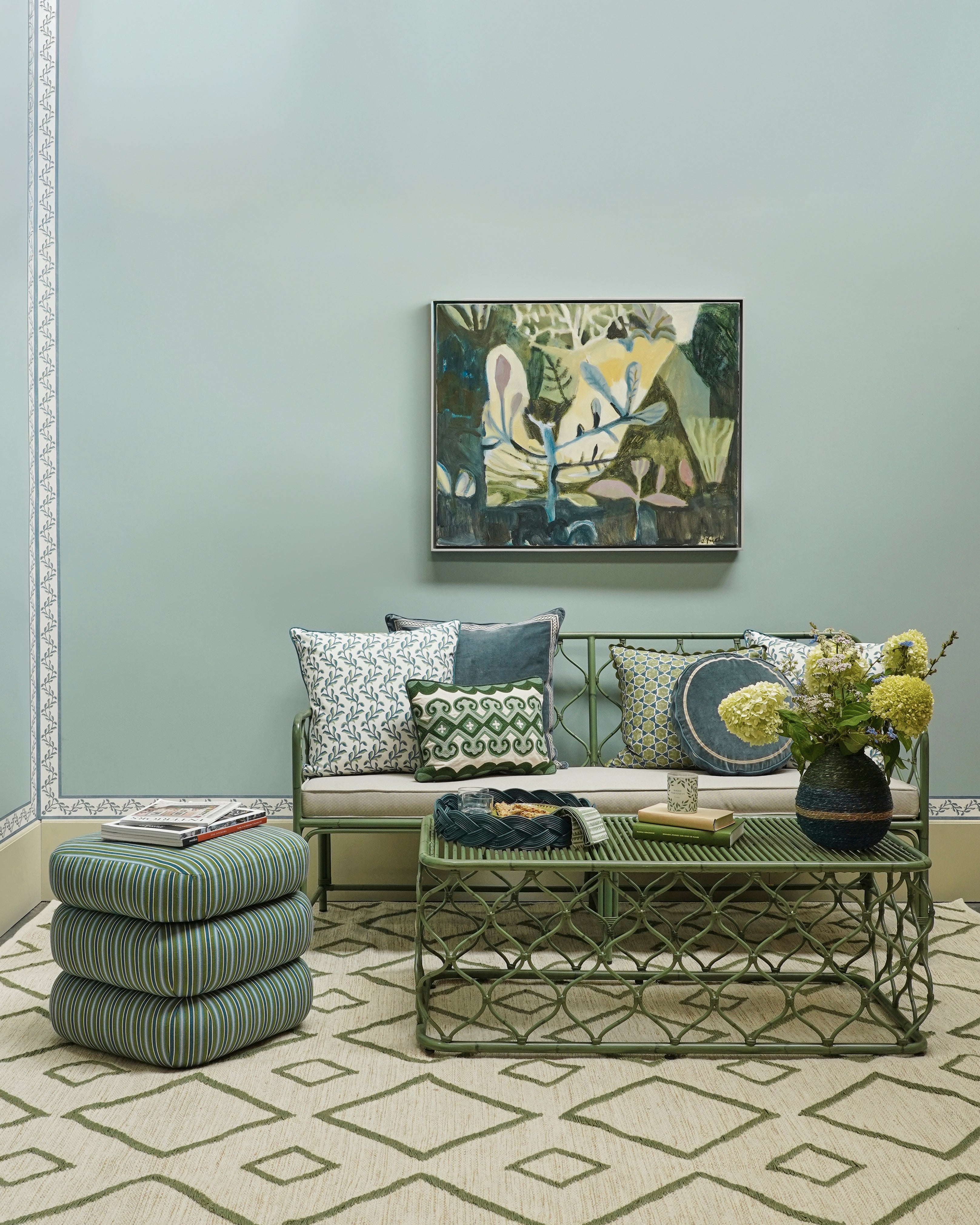 Blue and green sitting room with Curato furniture and Fenwick and Tilbrook painted walls