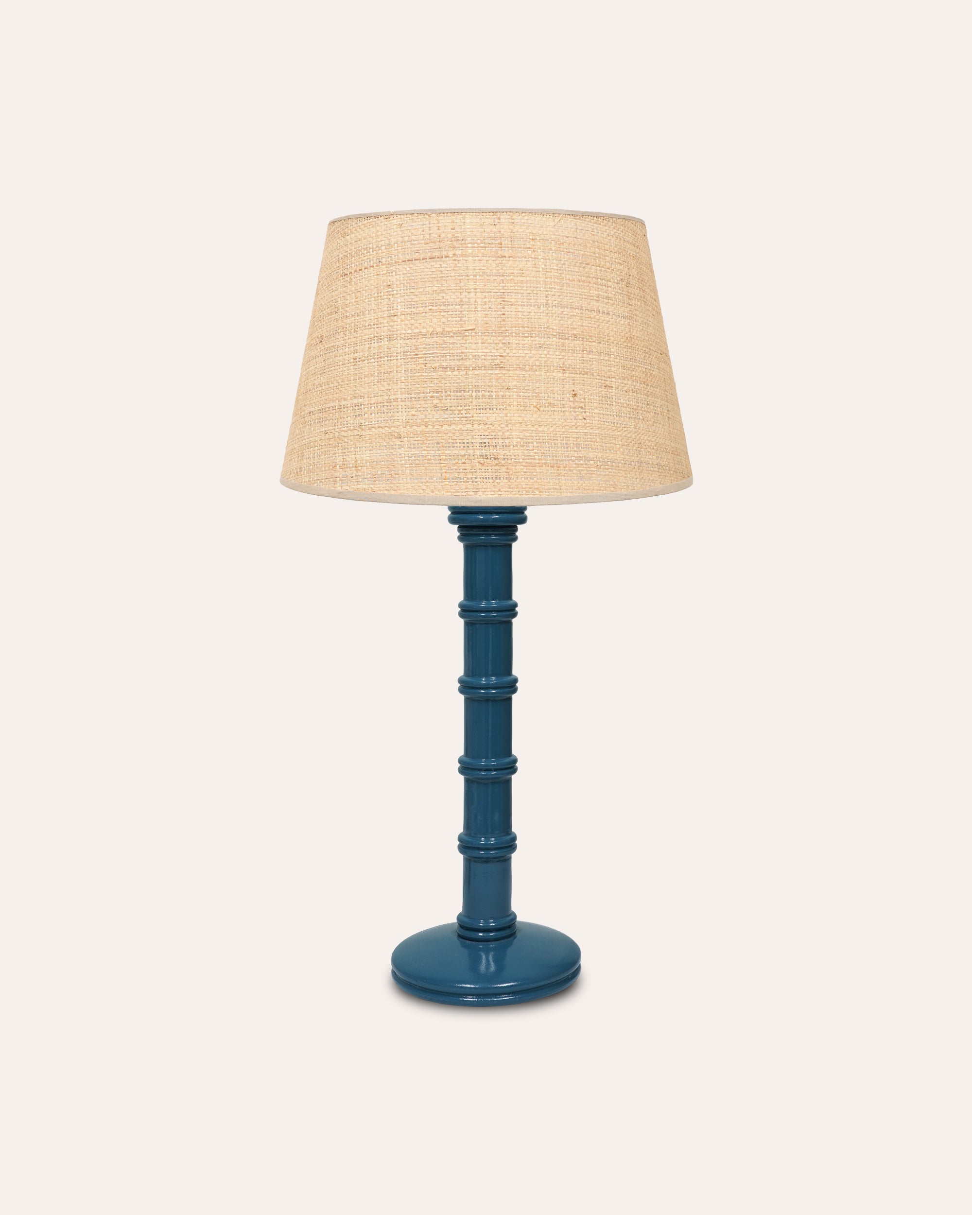 Gloss Painted Wooden Column Table Lamp with Seema Raffia Lampshade - Bluestone