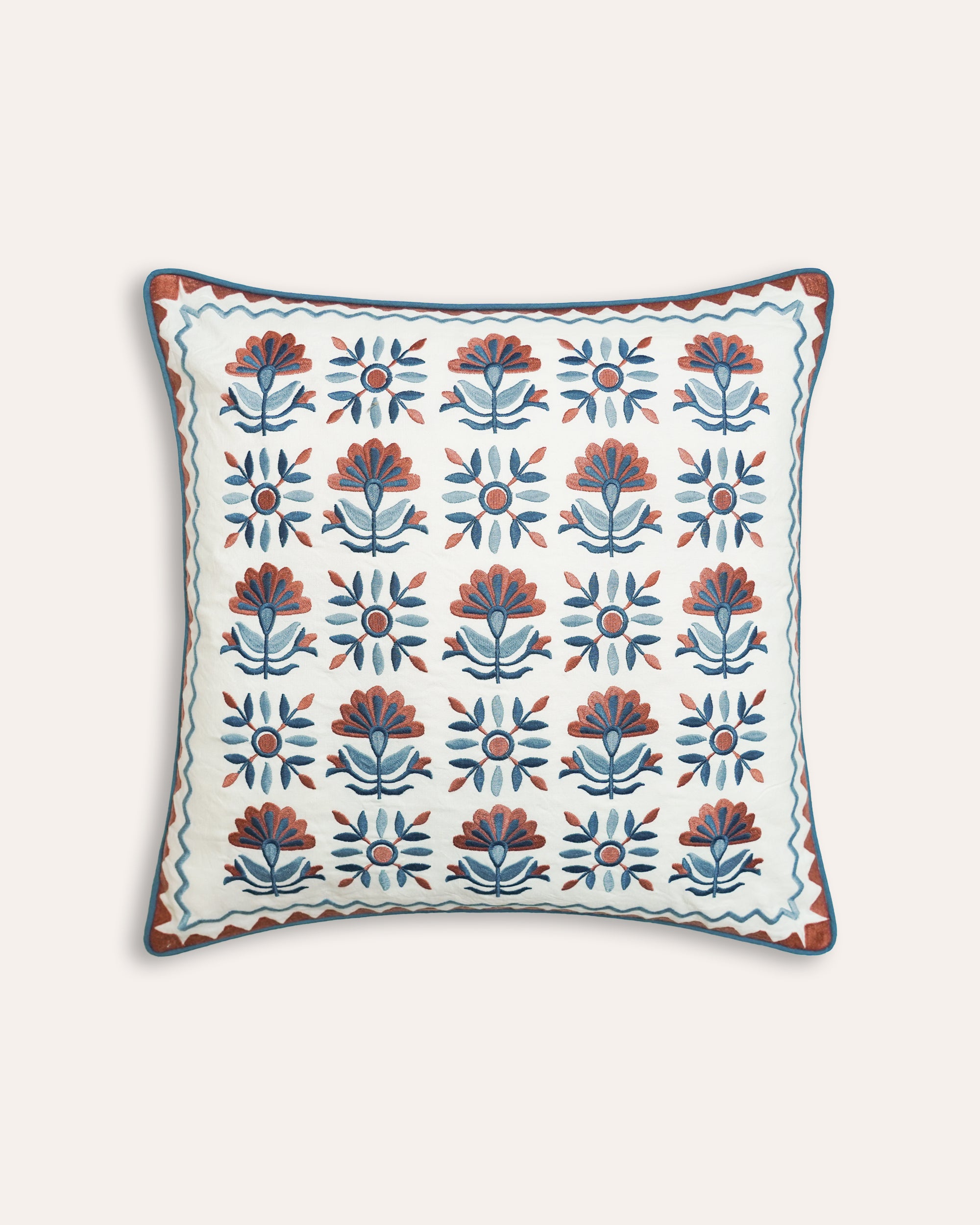 Floral blue and pink square embroidered cushion - Birdie Fortescue soft furnishings