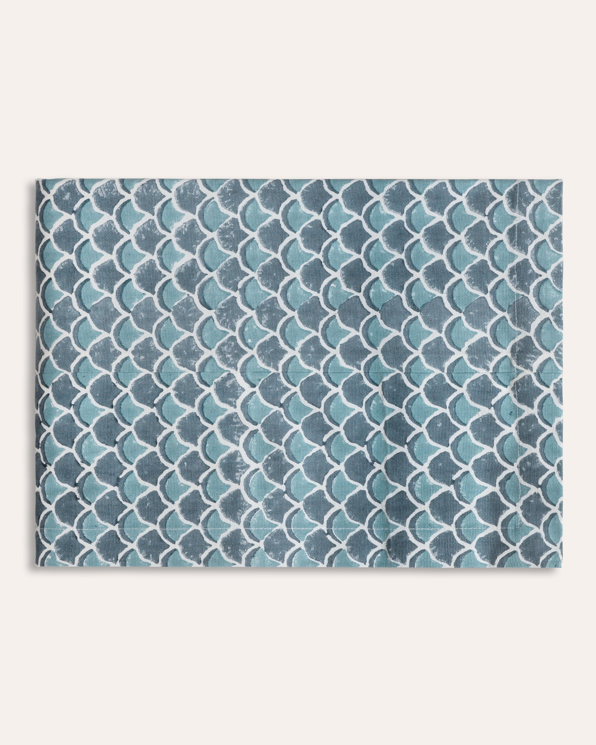 Scallop Block Print Cotton Tablecloth - Blue