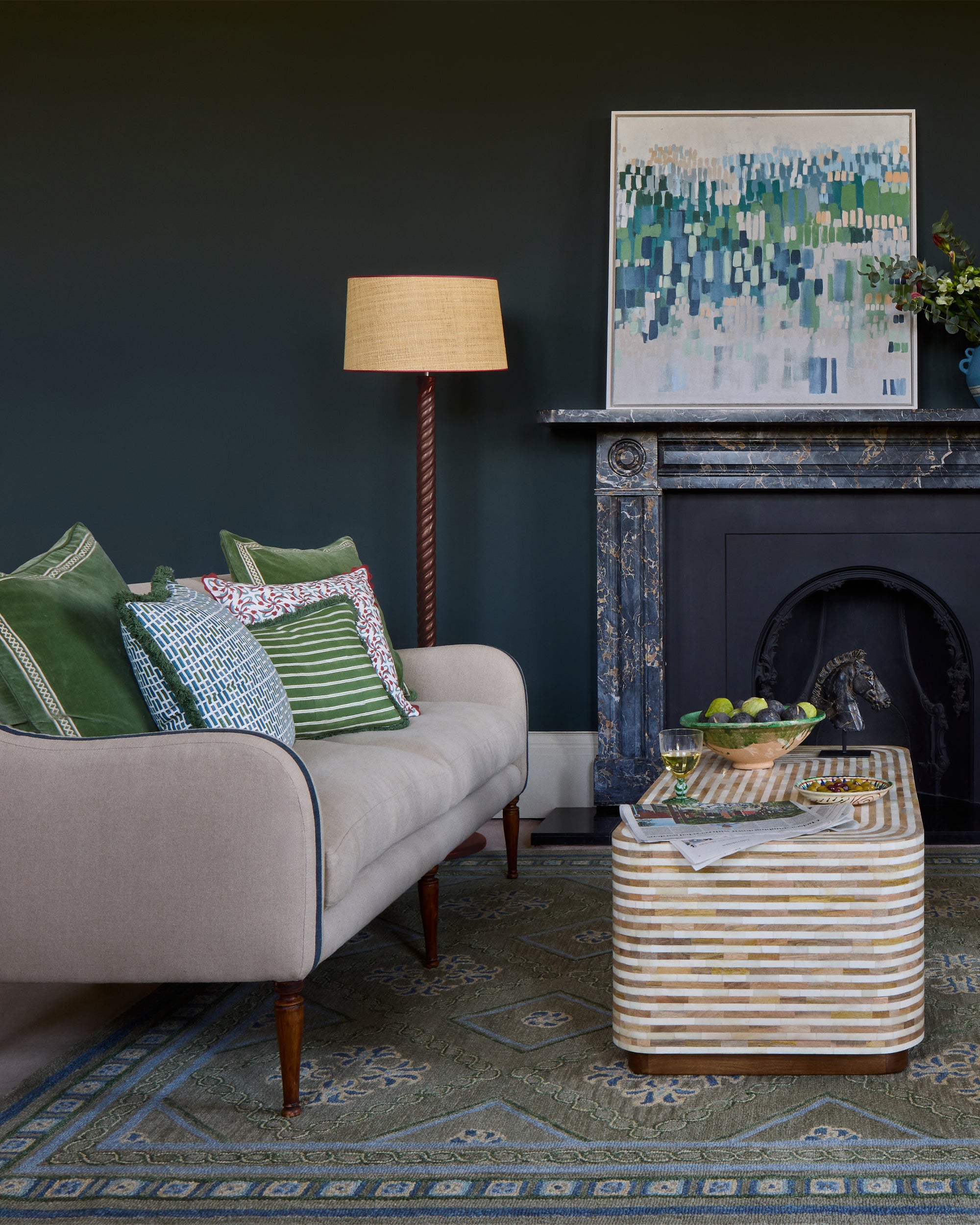 Havana Stripe Bone Inlay Coffee Table in a deep blue and green sitting room