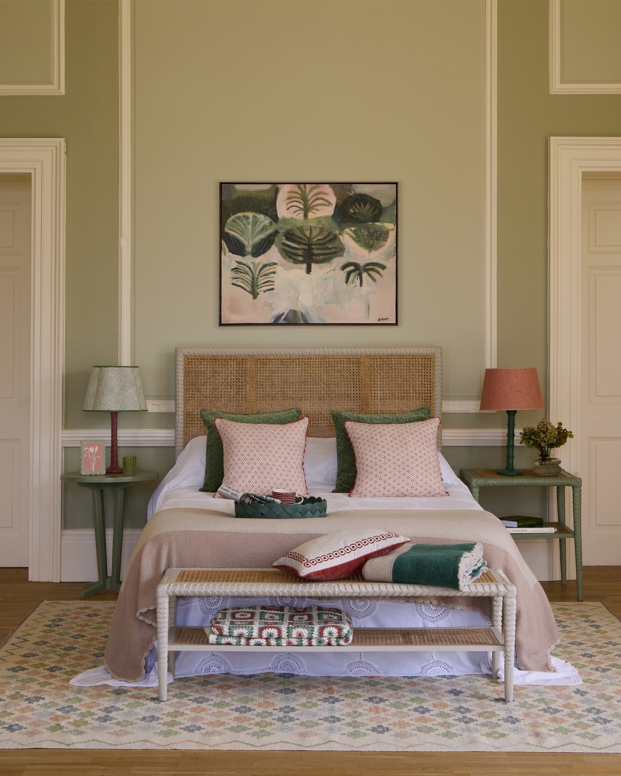 Calcada Tile Print Scalloped Lampshade - Green, in a pink and green bedroom