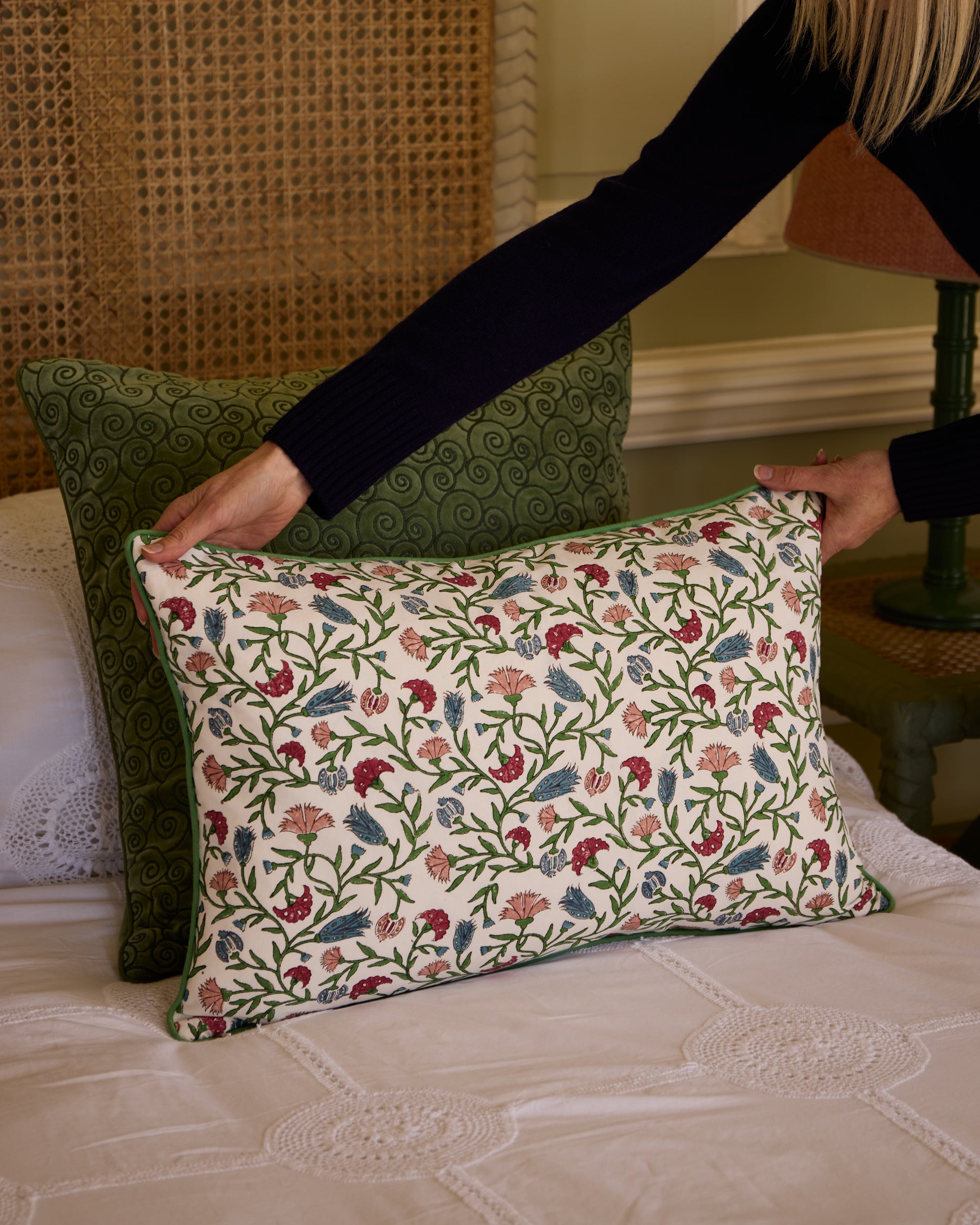 Remolino Embroidered Velvet Cushion - Green