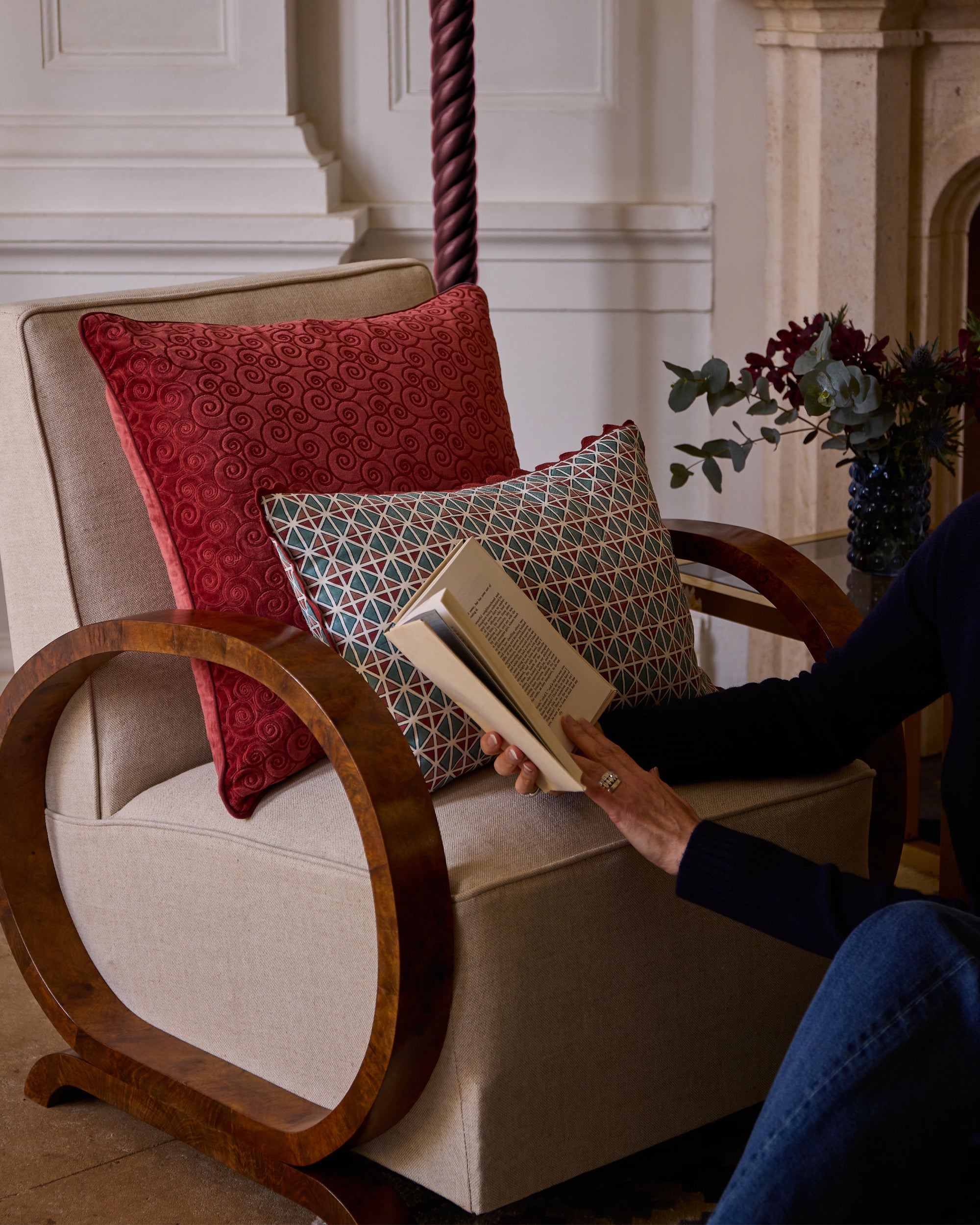 Remolino Embroidered Velvet Cushion - Red