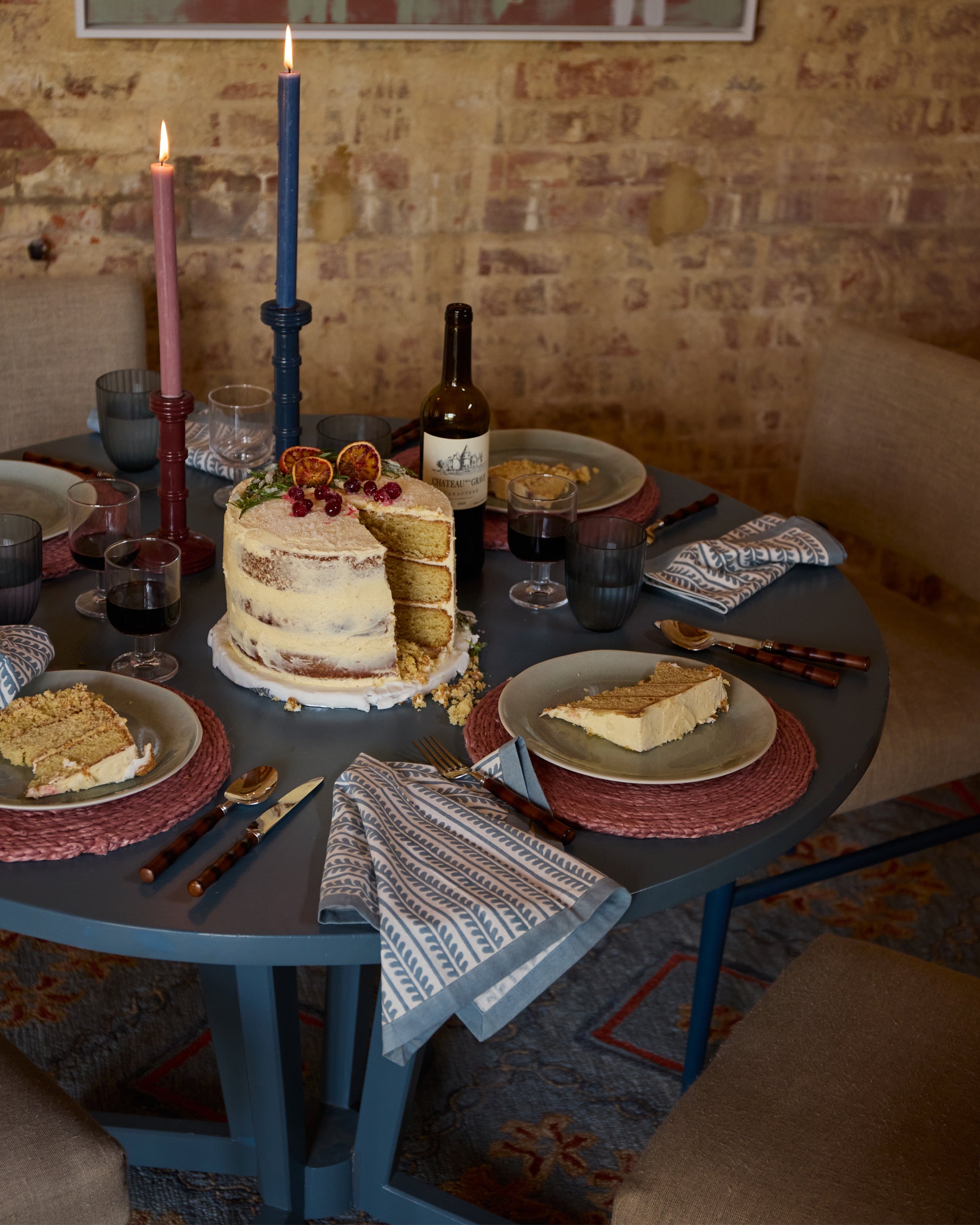 Tablescape featuring Gloss Painted Wooden Column Candlestick - Red