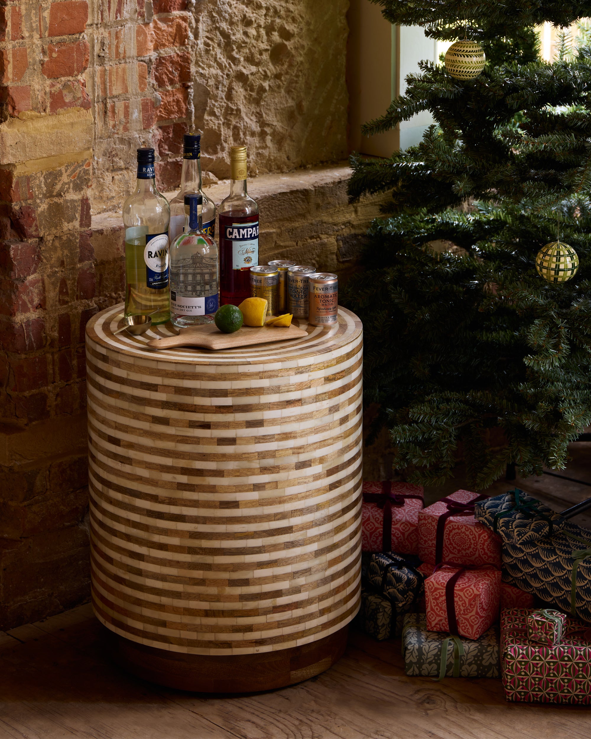 Havana Stripe Bone Inlay Side Table as a drinks stand at Christmas