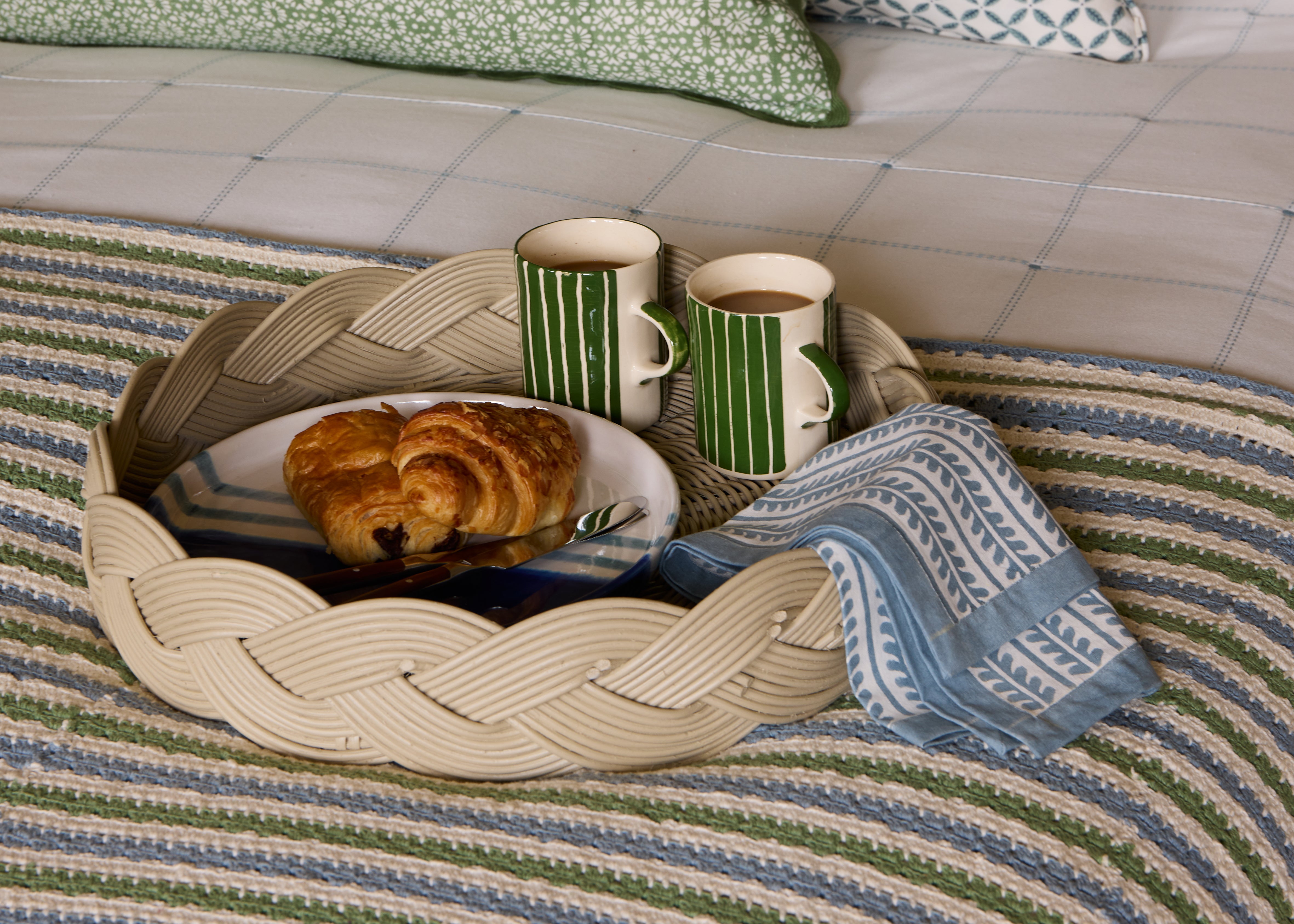 Birdie Fortescue spring summer tray styled on blue and green bed