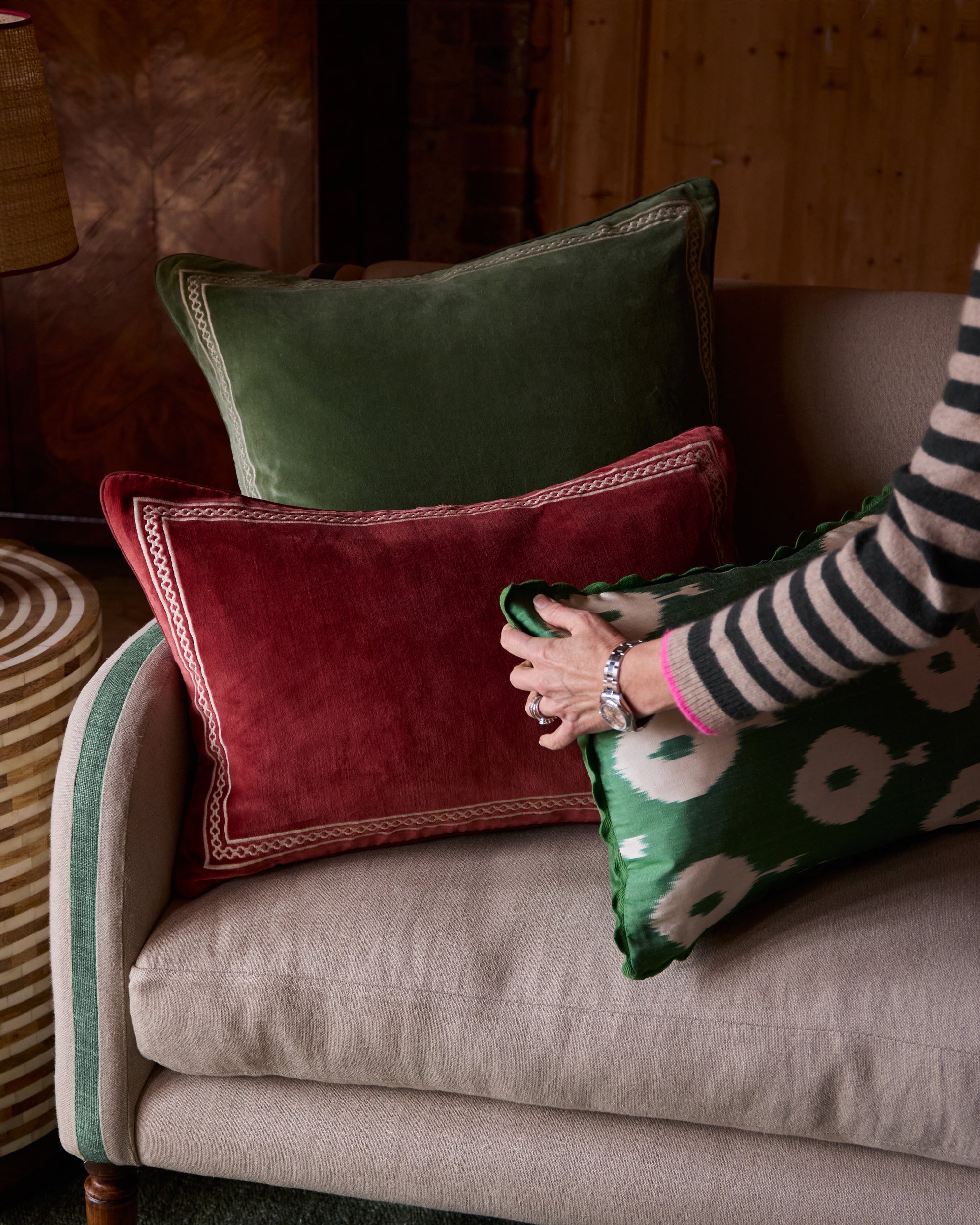 Shisho Square Embroidered Velvet Cushion Forest Green – Birdie