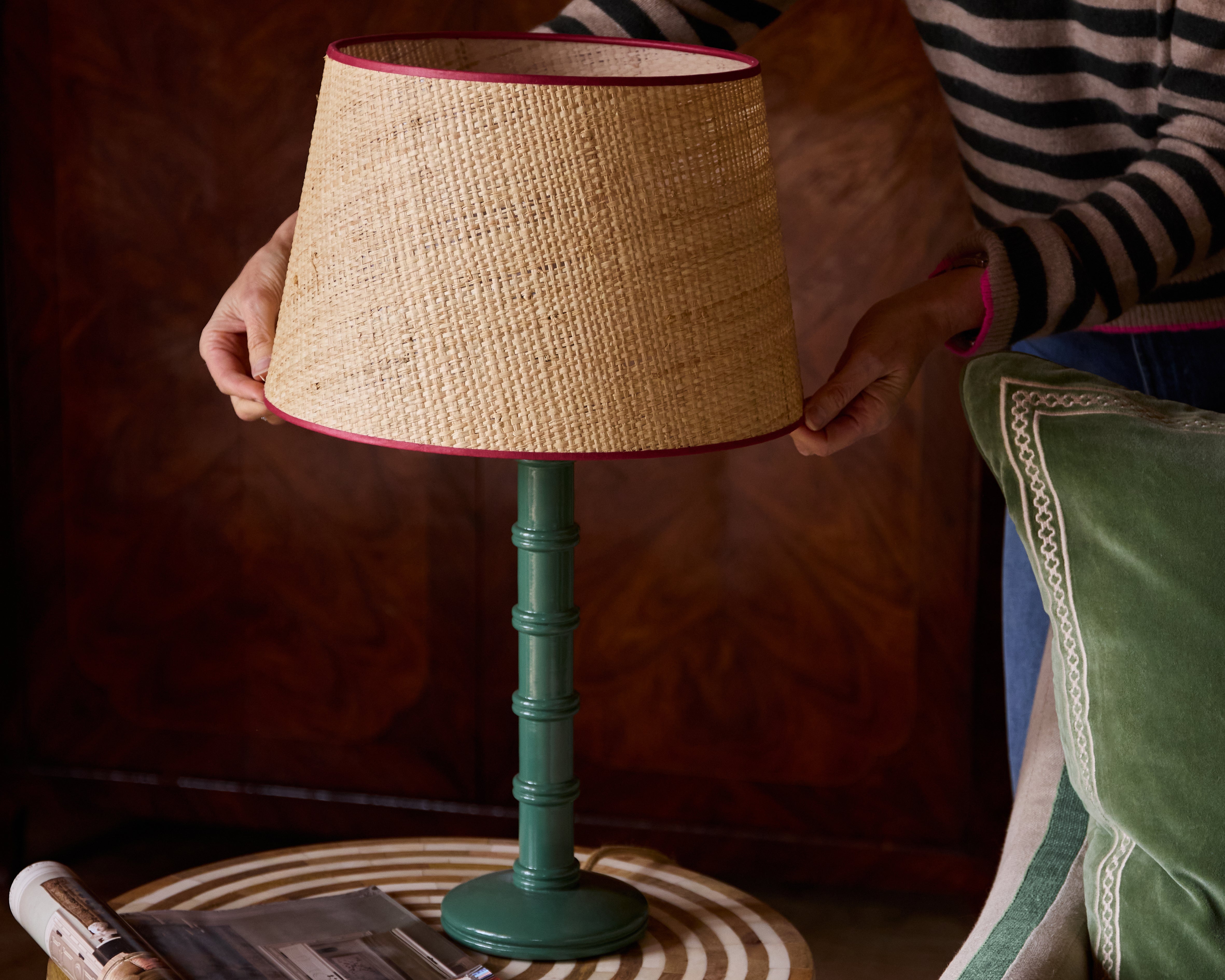 Seema Raffia paired with our green Column Lamp