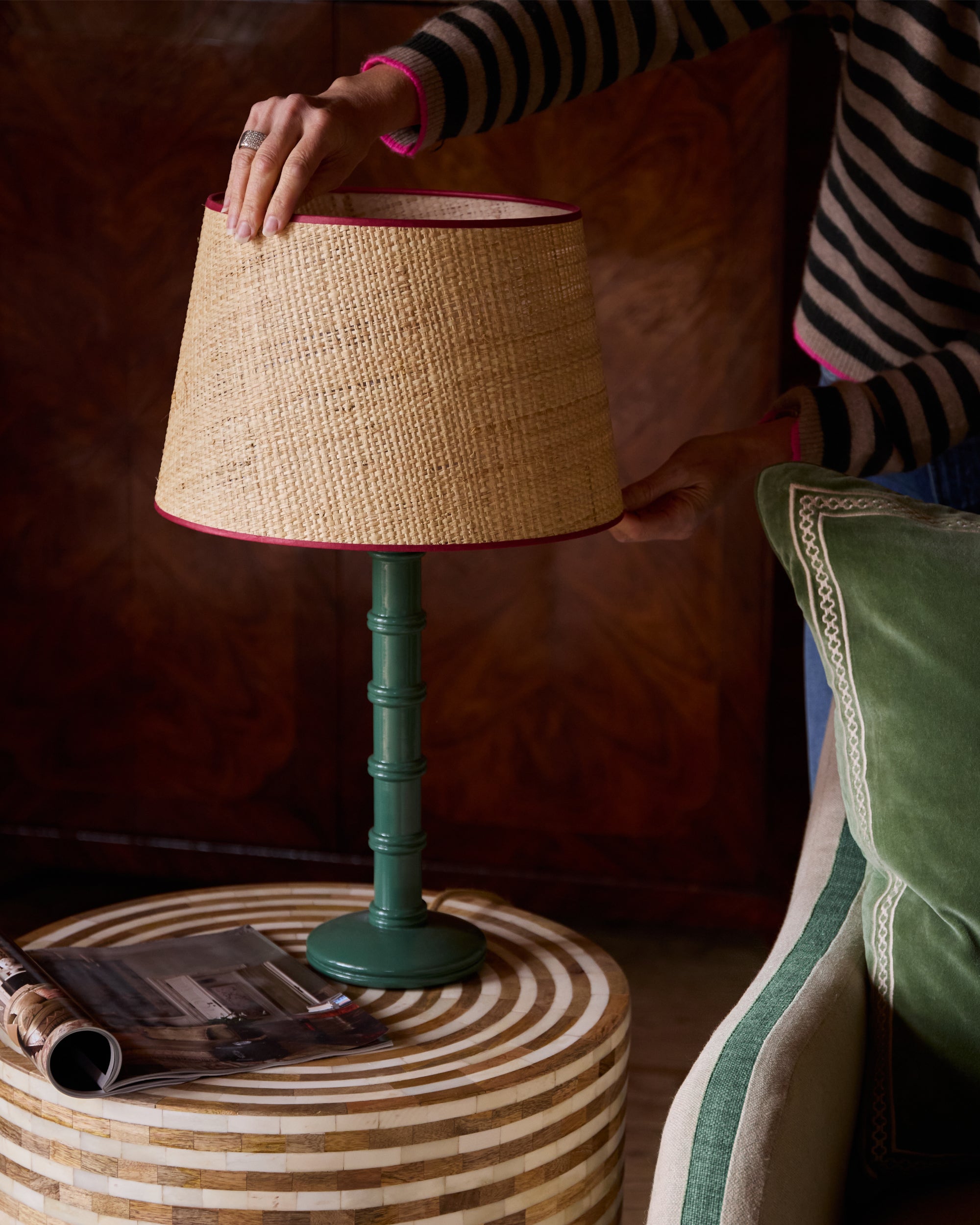 Gloss Painted Wooden Column Table Lamp with Seema Raffia Lampshade - Hedge Green